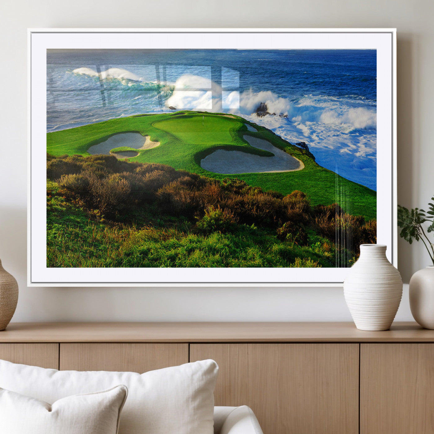 34181847-MGV-CV-36X24-Coastal Golf Course Wall Art Canvas Print – Vibrant Green with Sand Bunkers Overlooking Ocean Waves Artwork for Home, Office