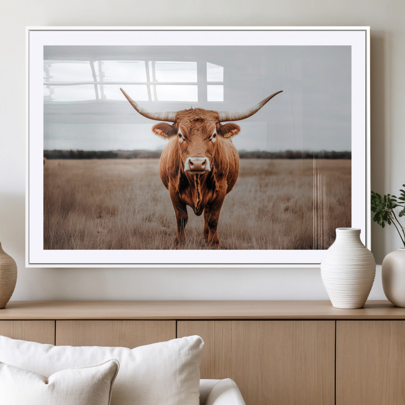 16316734-MGC-FP-36x24 - Longhorn bull, open field, rustic charm, natural beauty, Wall Art Canvas Print, countryside,