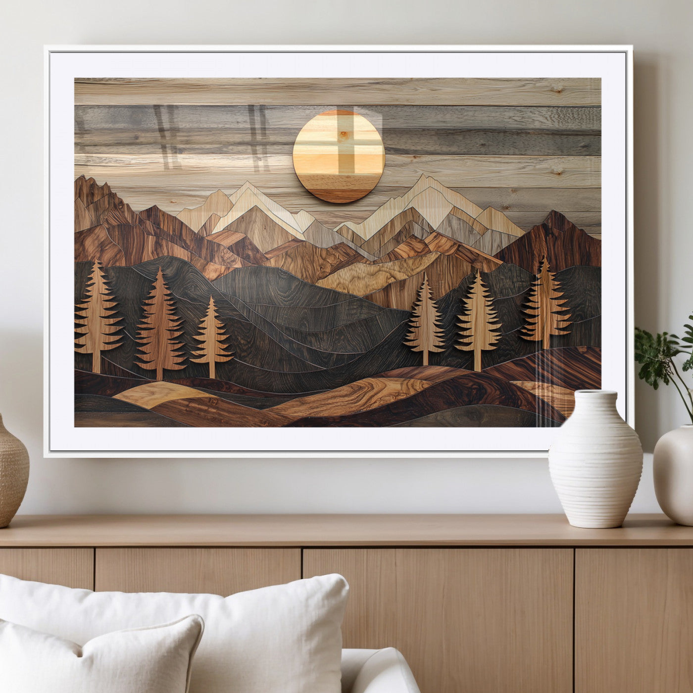 19832326-MGC-FP-40x30_White-Wooden Mountain Landscape Wall Art Canvas Print, Rustic Forest Pines and Sun Design Natural Warm Decor for Home, Office