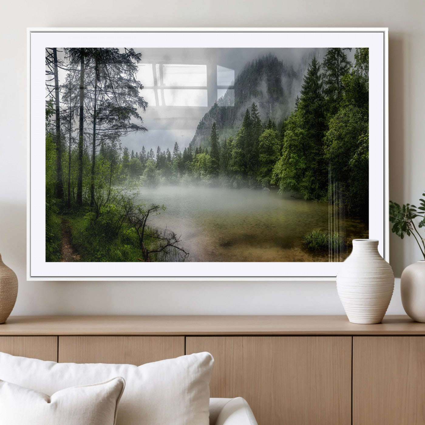 93123937-MGC-FP-40x30_White-Misty Lake Forest Green Trees Calm Water Reflection Mountain Fog Nature Landscape Outdoor Scenic Beauty Wall Art Canvas Print