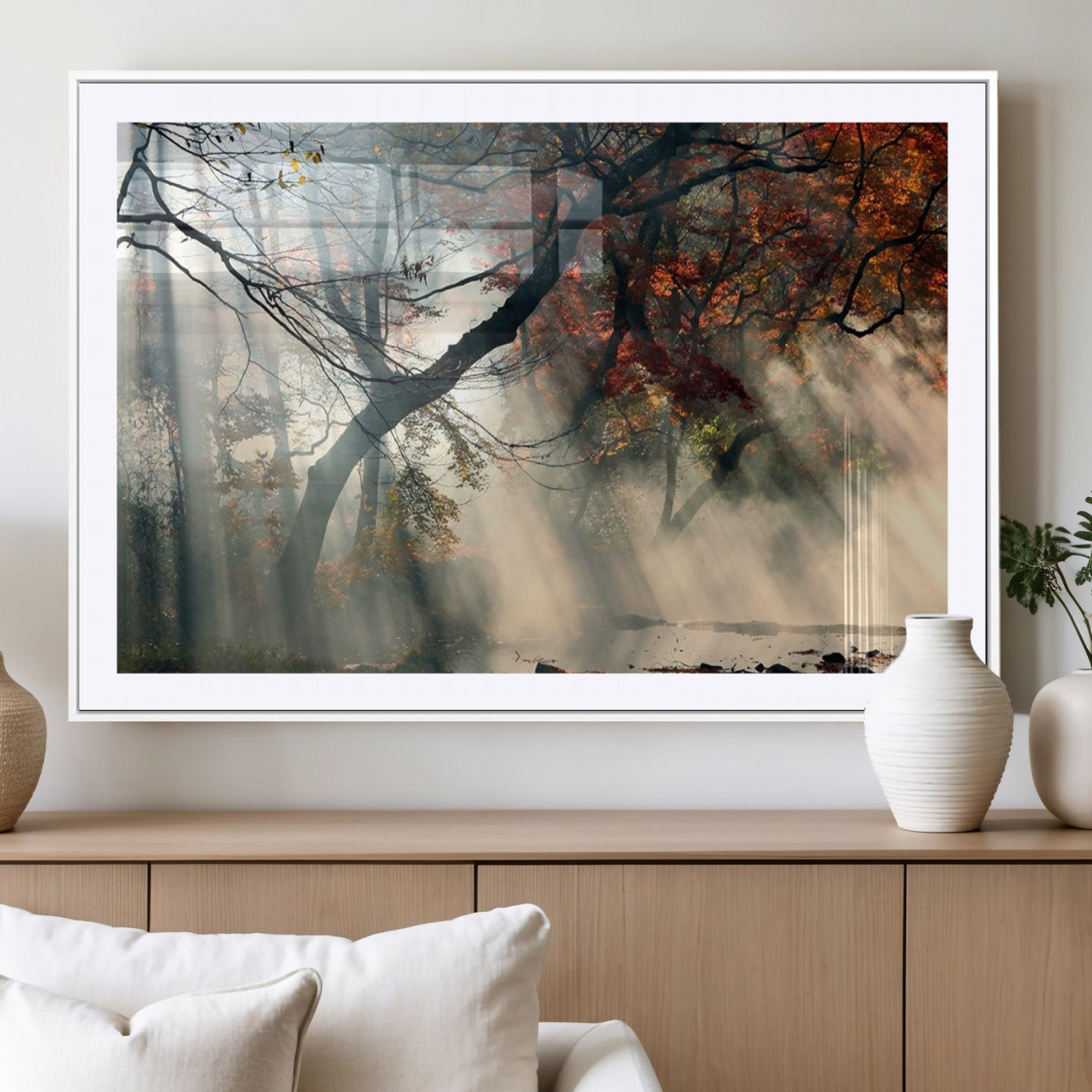 36043878-MGV-CV-36X24-Sunlit Autumn Forest Wall Art Canvas Print – Framed Mist Trees Scene with Peaceful Rays Artwork for Home, Office