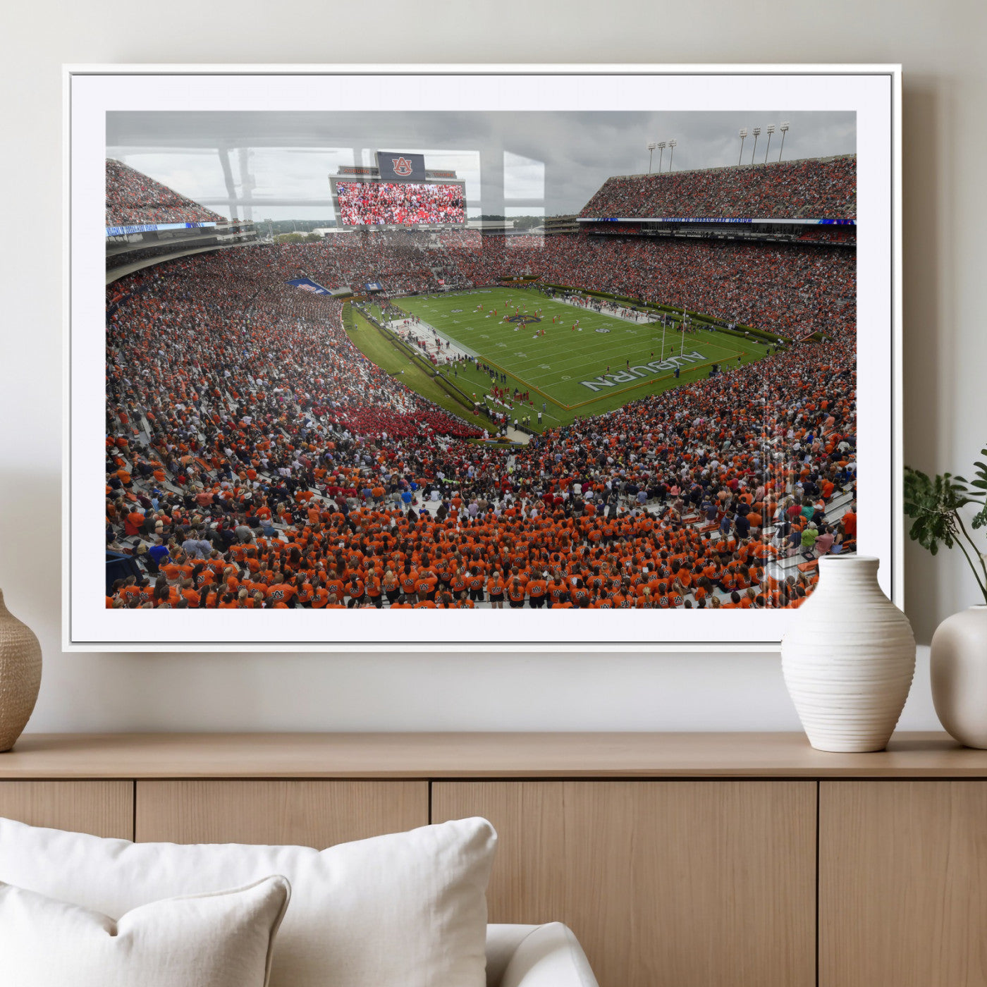 39597998-MGC-FP-36x24_White-Jordan-Hare Stadium Wall Art Canvas Print, College Sports Art for Man Cave or Game Room, Framed Alabama Football Decor