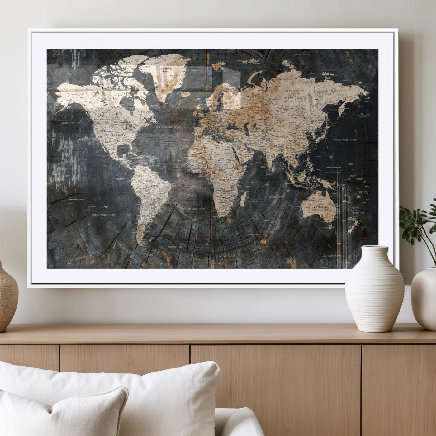 57626704-MGC-FP-36x24 - World Map Wall Art Canvas Print, Modern Decorative Framed Map Artwork Prints for Living Room, Office, Bedroom Wall Decor
