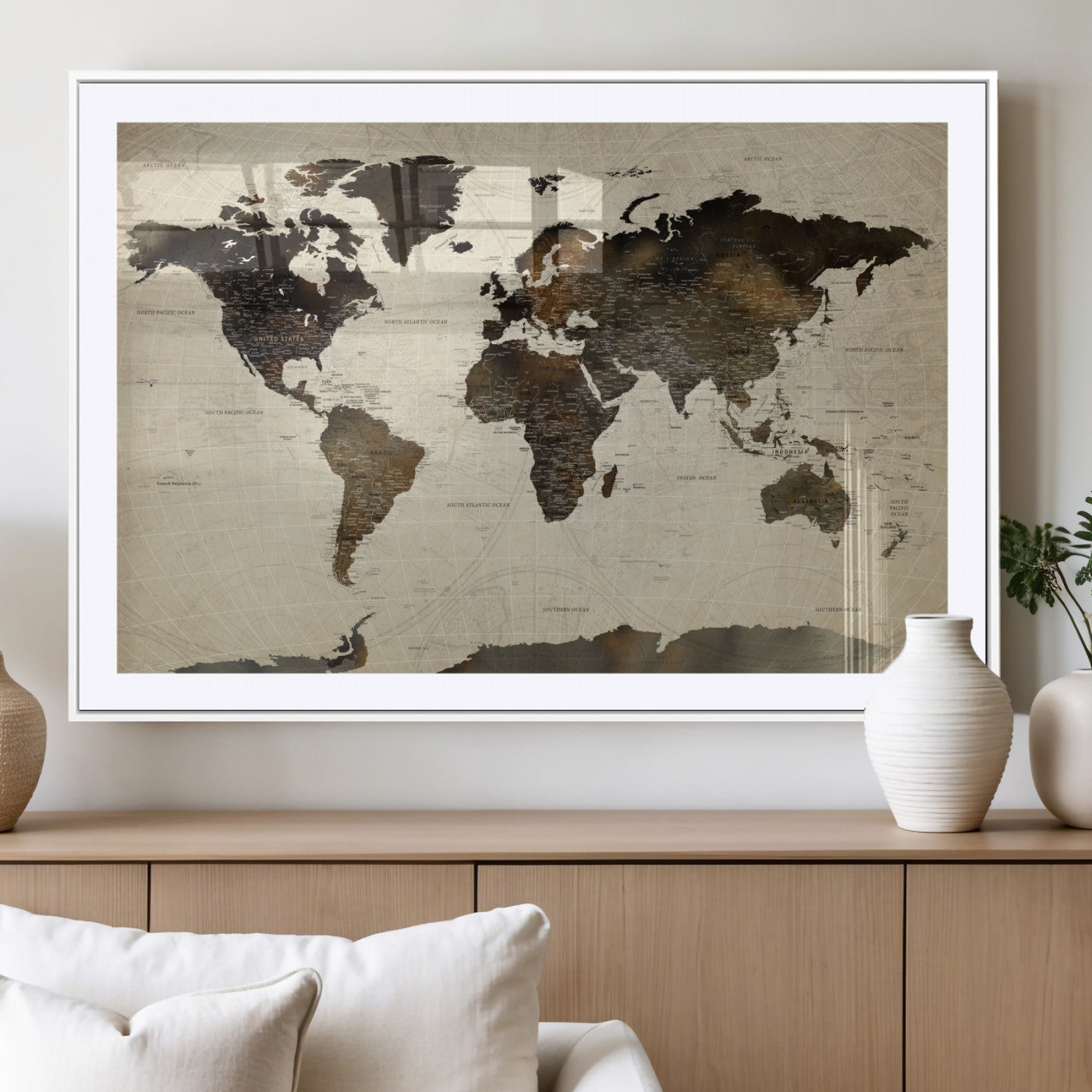 81771296-MGC-FP-36x24 - World Map Wall Art Canvas Print, Modern Decorative Framed Map Artwork Prints for Living Room, Office, Bedroom Wall Decor