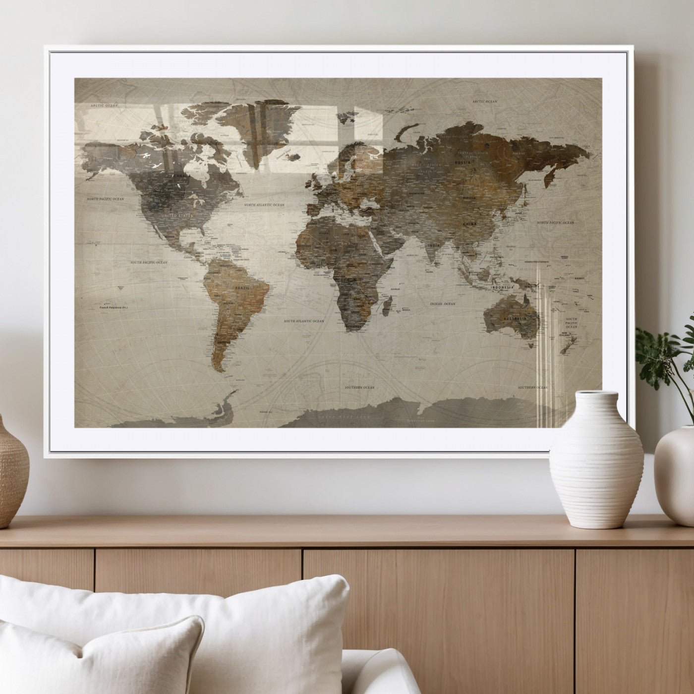 91849163-MGC-FP-36x24 - World Map Wall Art Canvas Print, Modern Decorative Framed Map Artwork Prints for Living Room, Office, Bedroom Wall Decor
