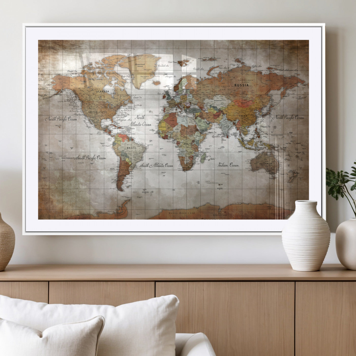 51643807-MGV-CV-36X24 - World Map Wall Art Canvas Print, Modern Decorative Framed Map Artwork Prints for Living Room, Office, Bedroom Wall Decor