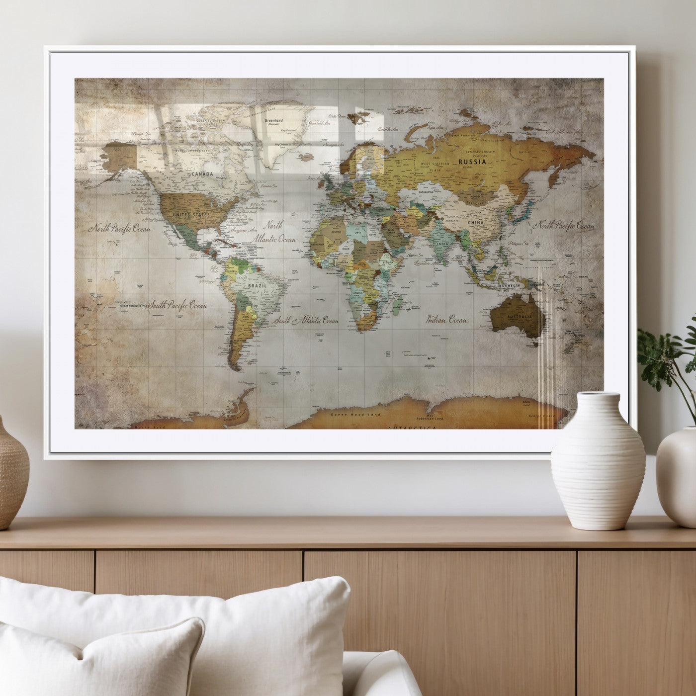 86108417-MGV-CV-36X24 - World Map Wall Art Canvas Print, Modern Decorative Framed Map Artwork Prints for Living Room, Office, Bedroom Wall Decor