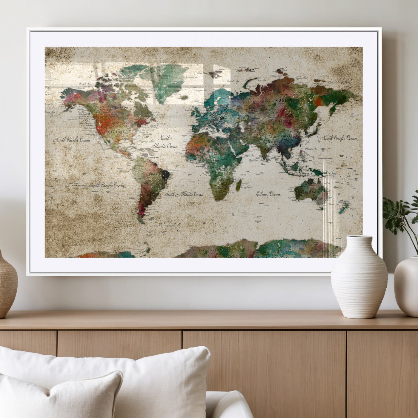 87544591-MGV-CV-36X24 - World Map Wall Art Canvas Print, Modern Decorative Framed Map Artwork Prints for Living Room, Office, Bedroom Wall Decor