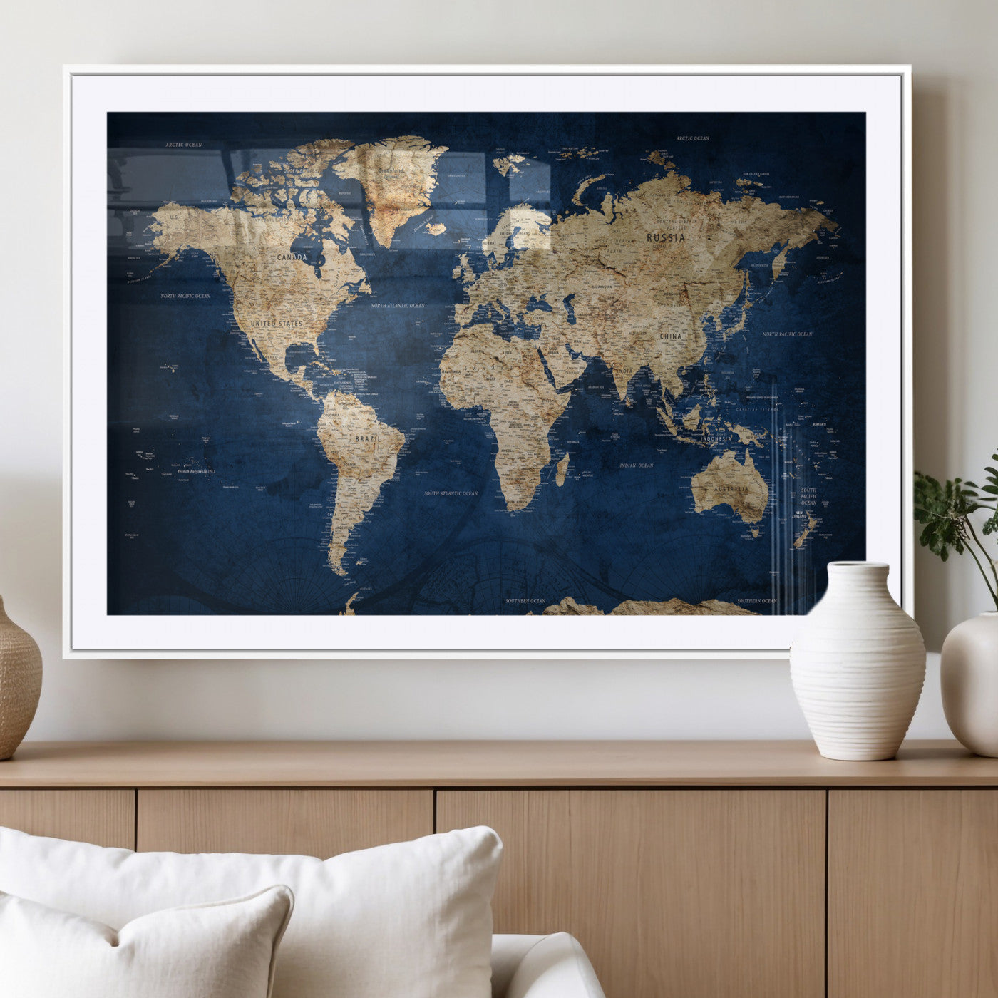 57503519-MGV-CV-36X24 - World Map Wall Art Canvas Print, Modern Decorative Framed Map Artwork Prints for Living Room, Office, Bedroom Wall Decor