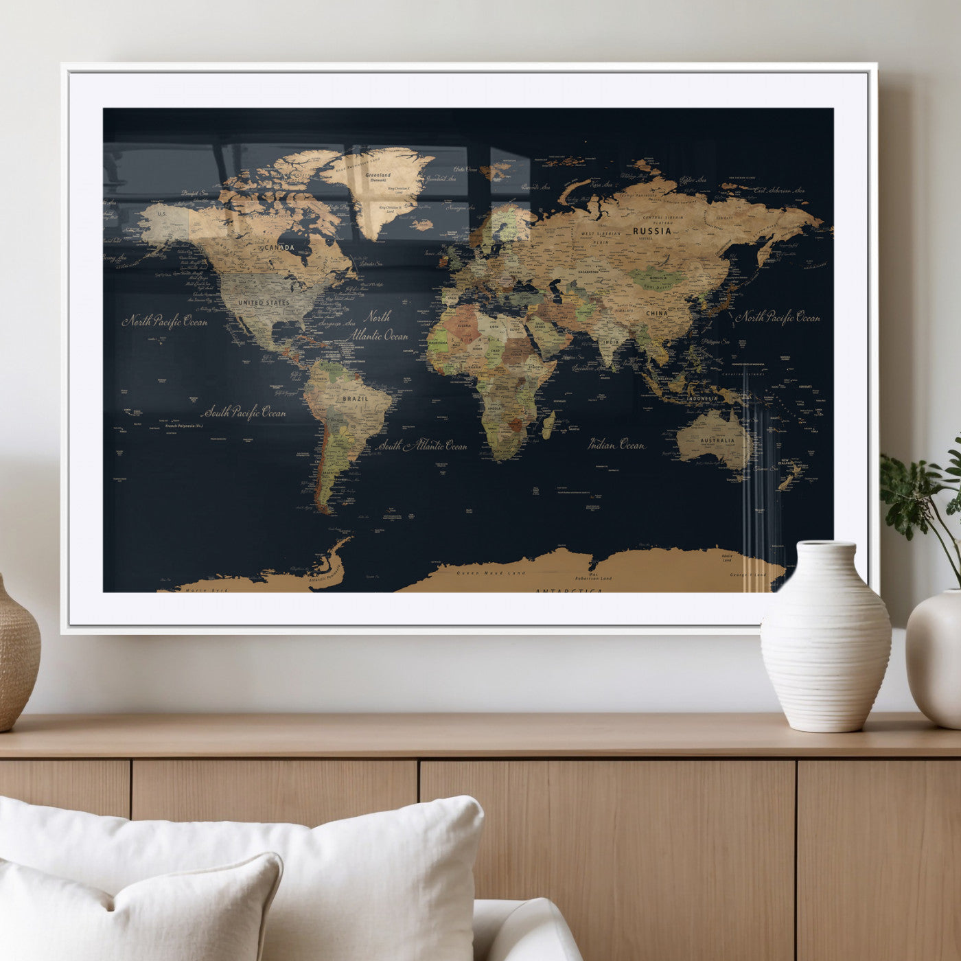 94449133-MGV-CV-36X24 - World Map Wall Art Canvas Print, Modern Decorative Framed Map Artwork Prints for Living Room, Office, Bedroom Wall Decor