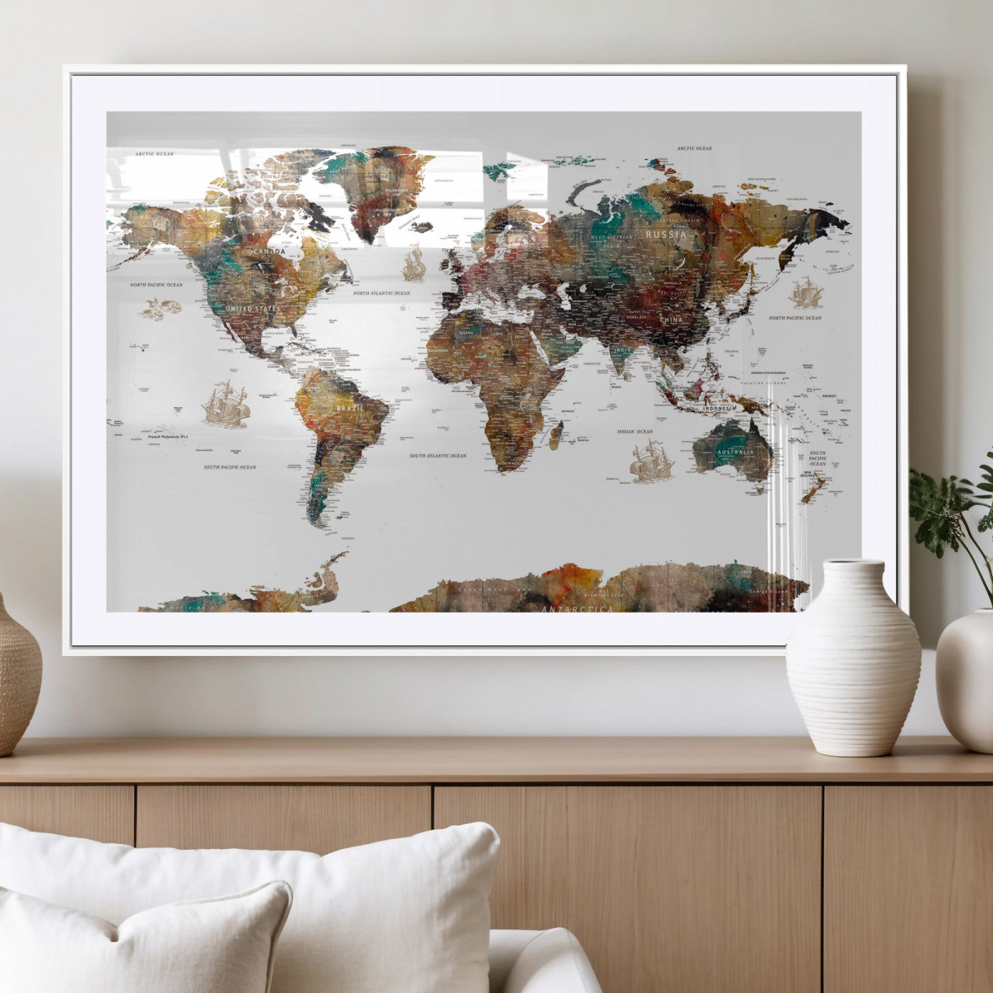 82293175-MGV-CV-36X24 - World Map Wall Art Canvas Print, Modern Decorative Framed Map Artwork Prints for Living Room, Office, Bedroom Wall Decor