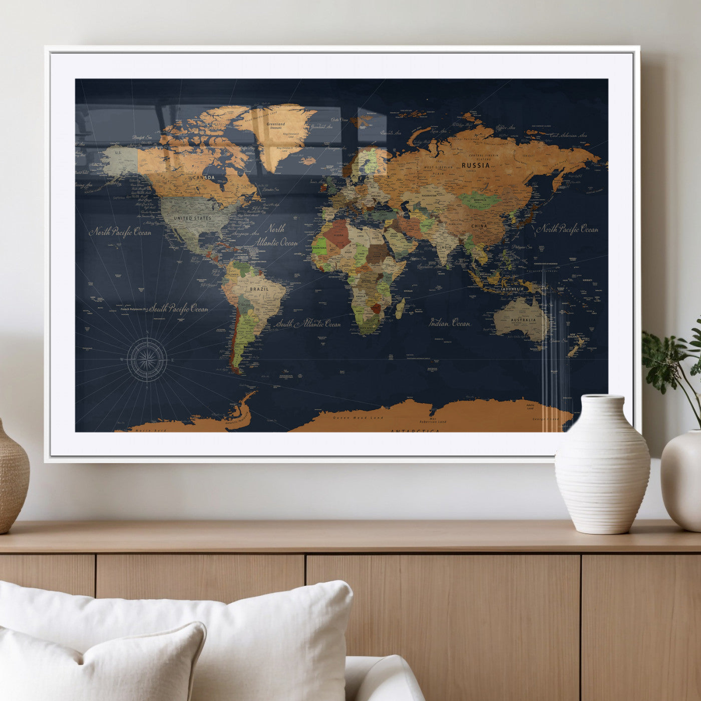 11715182-MGV-CV-36X24 - World Map Wall Art Canvas Print, Modern Decorative Framed Map Artwork Prints for Living Room, Office, Bedroom Wall Decor