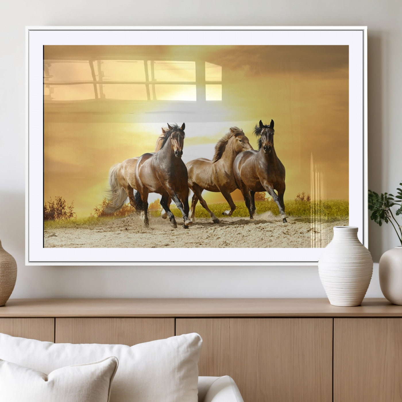 44763-MGC-FP-36x24_White-Wild Horses Wall Art Canvas Print – Framed Galloping Herd Animal Artwork for Home, Office, Living Room, Guest Room