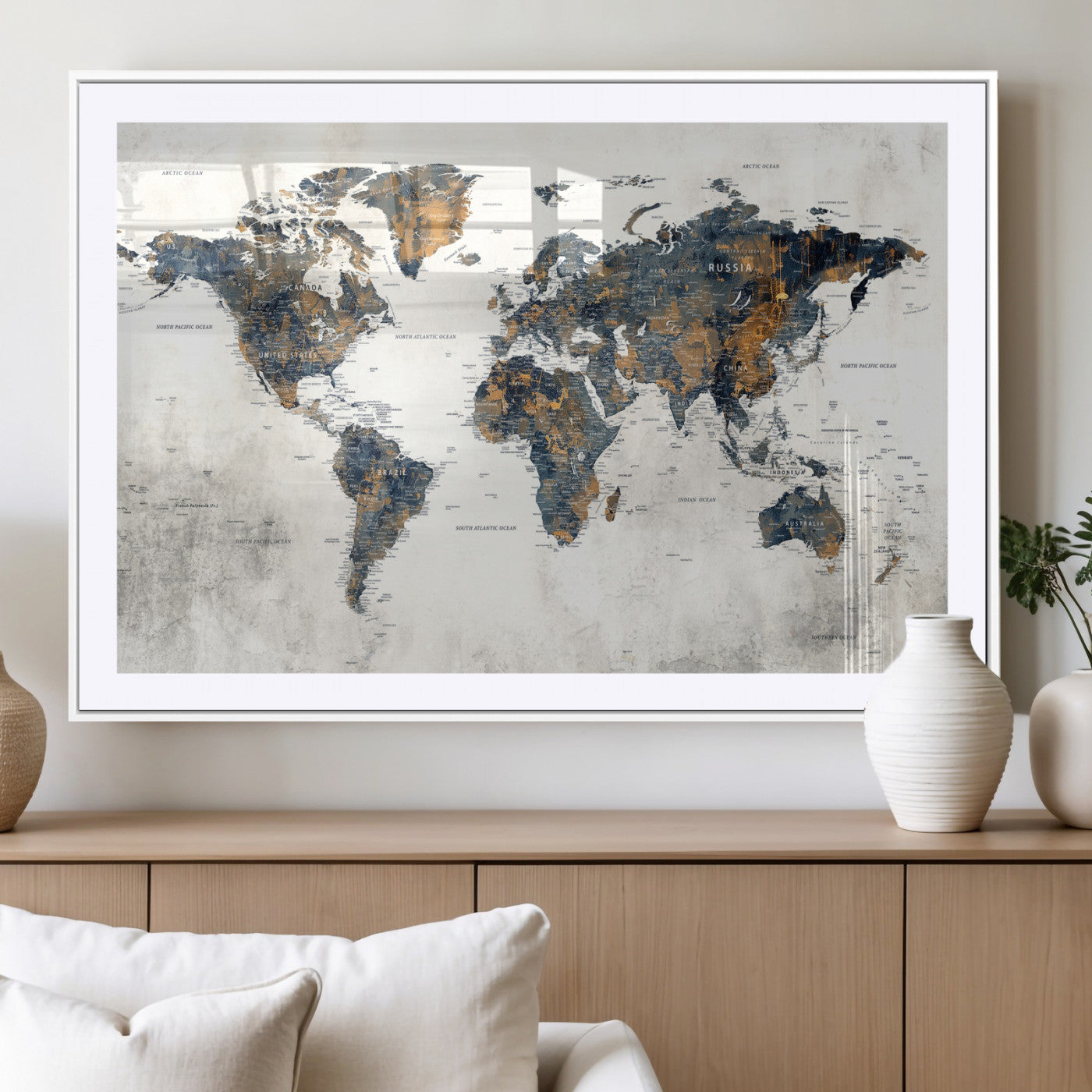 52451147-MGV-CV-36X24 - World Map Wall Art Canvas Print, Modern Decorative Framed Map Artwork Prints for Living Room, Office, Bedroom Wall Decor