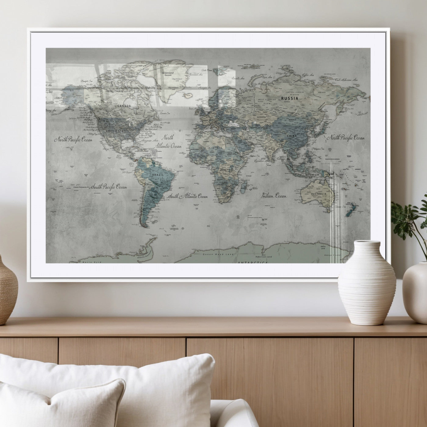 91132939-MGV-CV-36X24 - World Map Wall Art Canvas Print, Modern Decorative Framed Map Artwork Prints for Living Room, Office, Bedroom Wall Decor