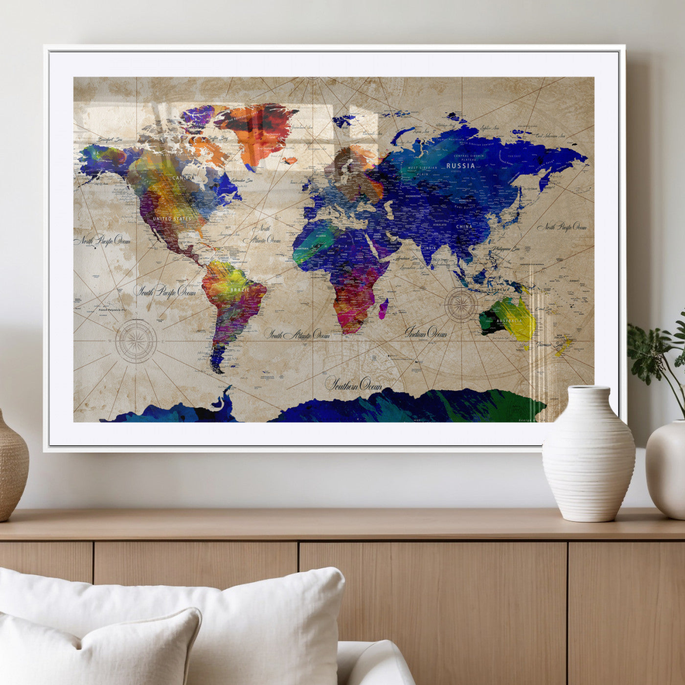 26284075-MGV-CV-36X24 - World Map Wall Art Canvas Print, Modern Decorative Framed Map Artwork Prints for Living Room, Office, Bedroom Wall Decor