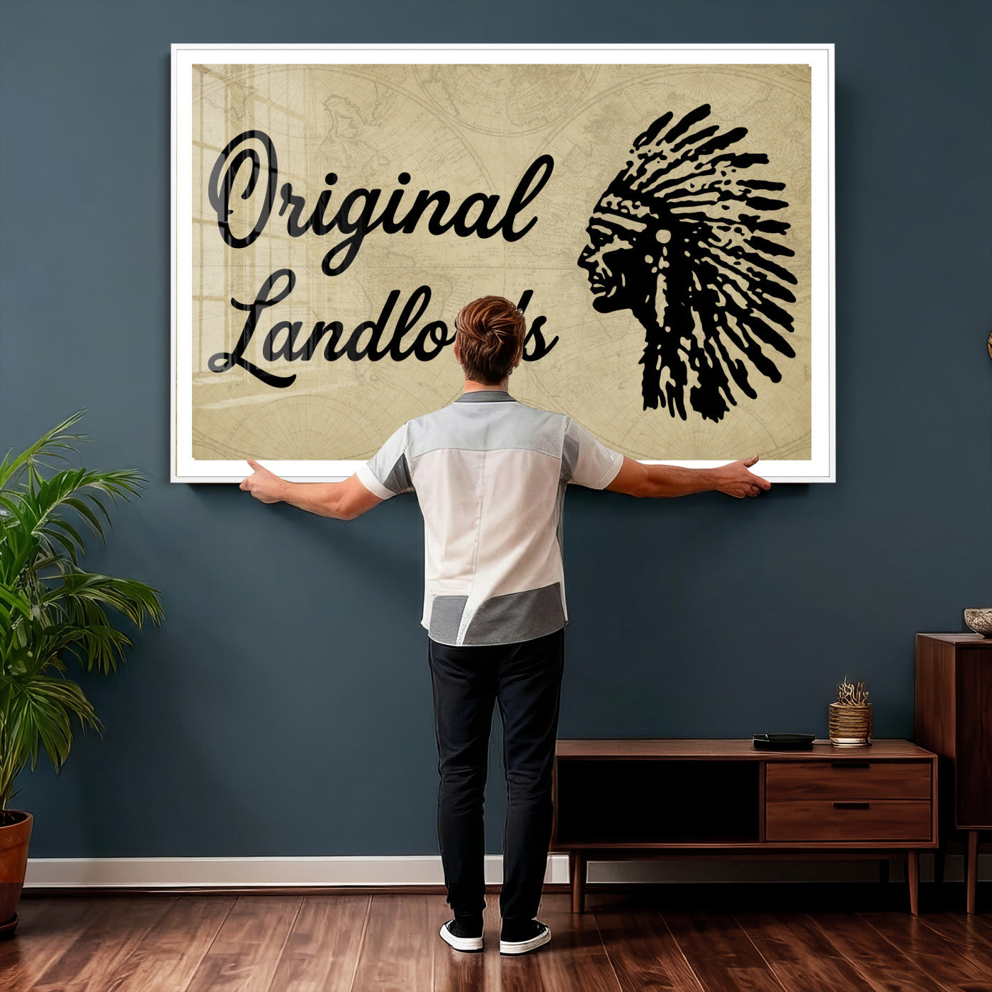 56844712-MGV-CV-36X24 - Original Landlords Wall Art Canvas Print, Native American Silhouette Artwork, Framed Wall Art Ready to Hang