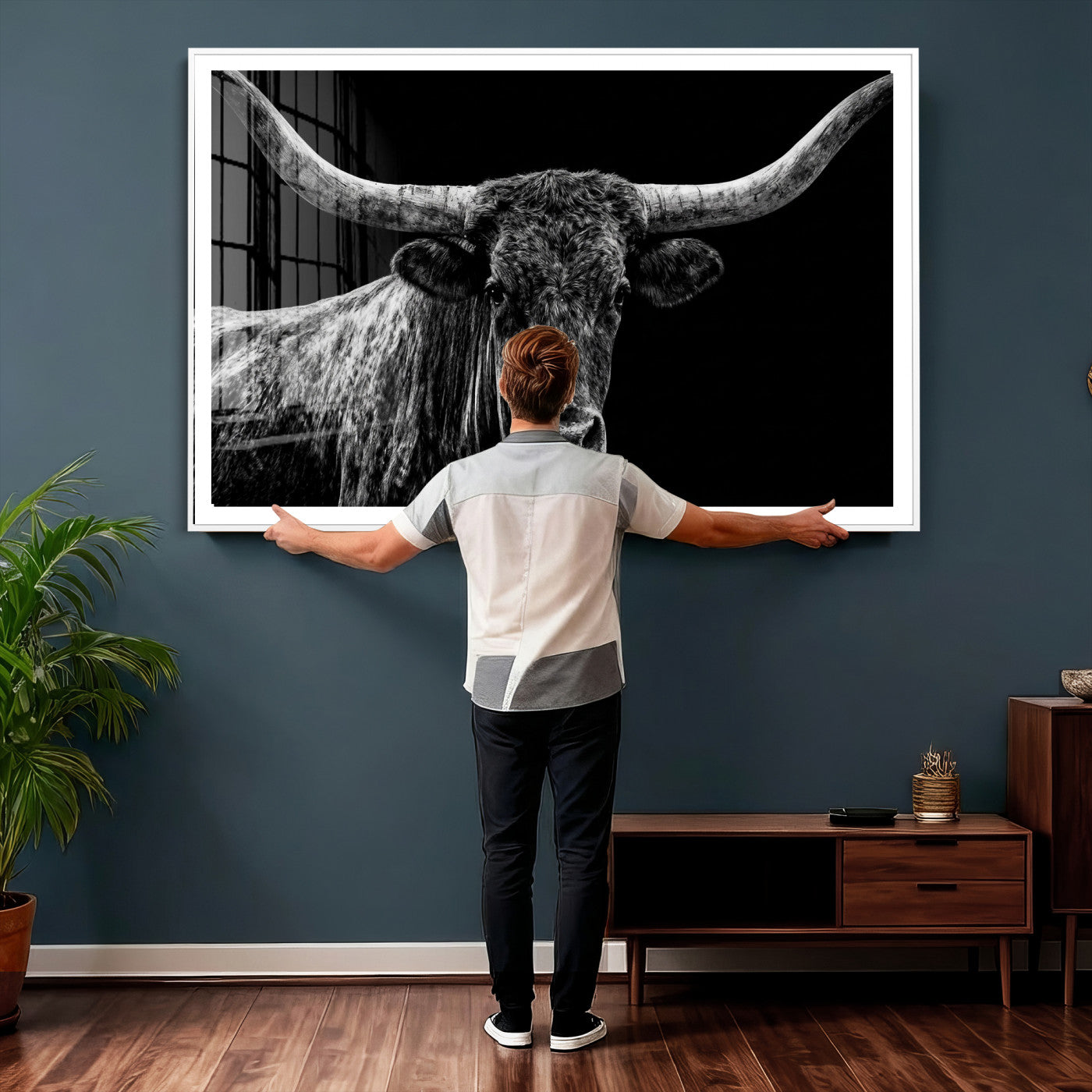 86568508-MGV-CV-36X24 - Vintage Texas Longhorn Bull Wall Art Canvas Print, Texas Cow Portrait Print, Framed Bull Wall Art Ready to Hang