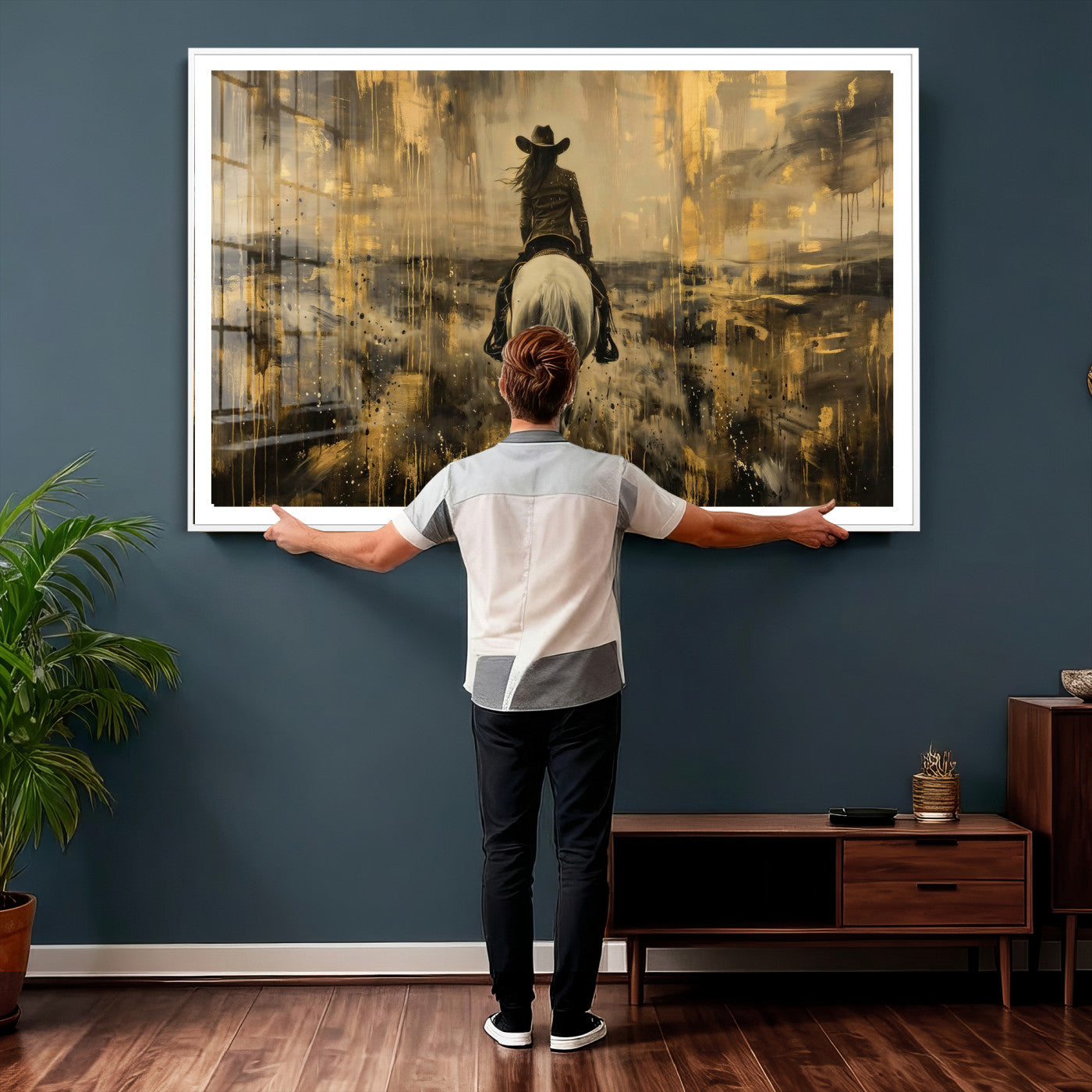 20465530-MGV-CV-36X24 - Cowgirl Wall Art Canvas Print, Western Horse Rider Wall Art, Framed Wall Art Ready to Hang