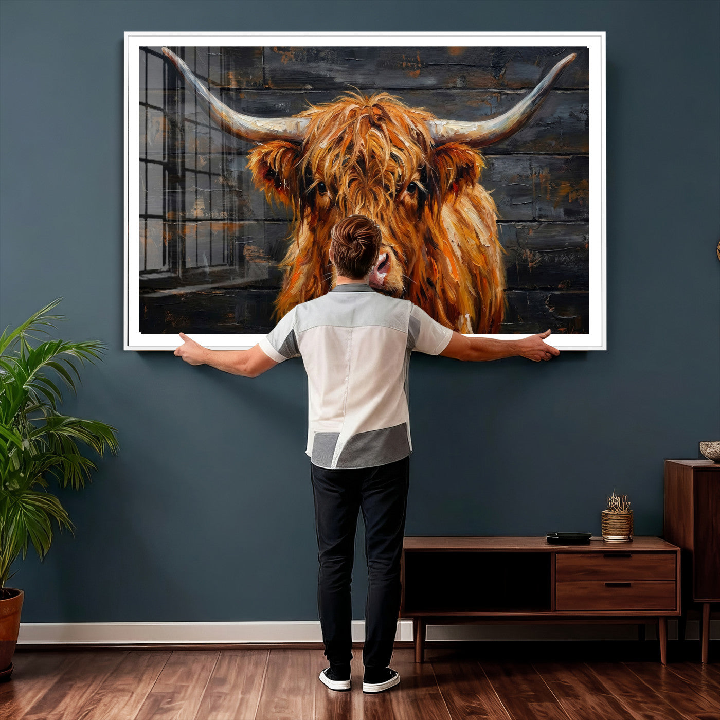 32536611-MGV-CV-36X24 - Highland Cow Wall Art Canvas Print, Rustic Farm Animal Painting, Framed Wall Art Ready to Hang