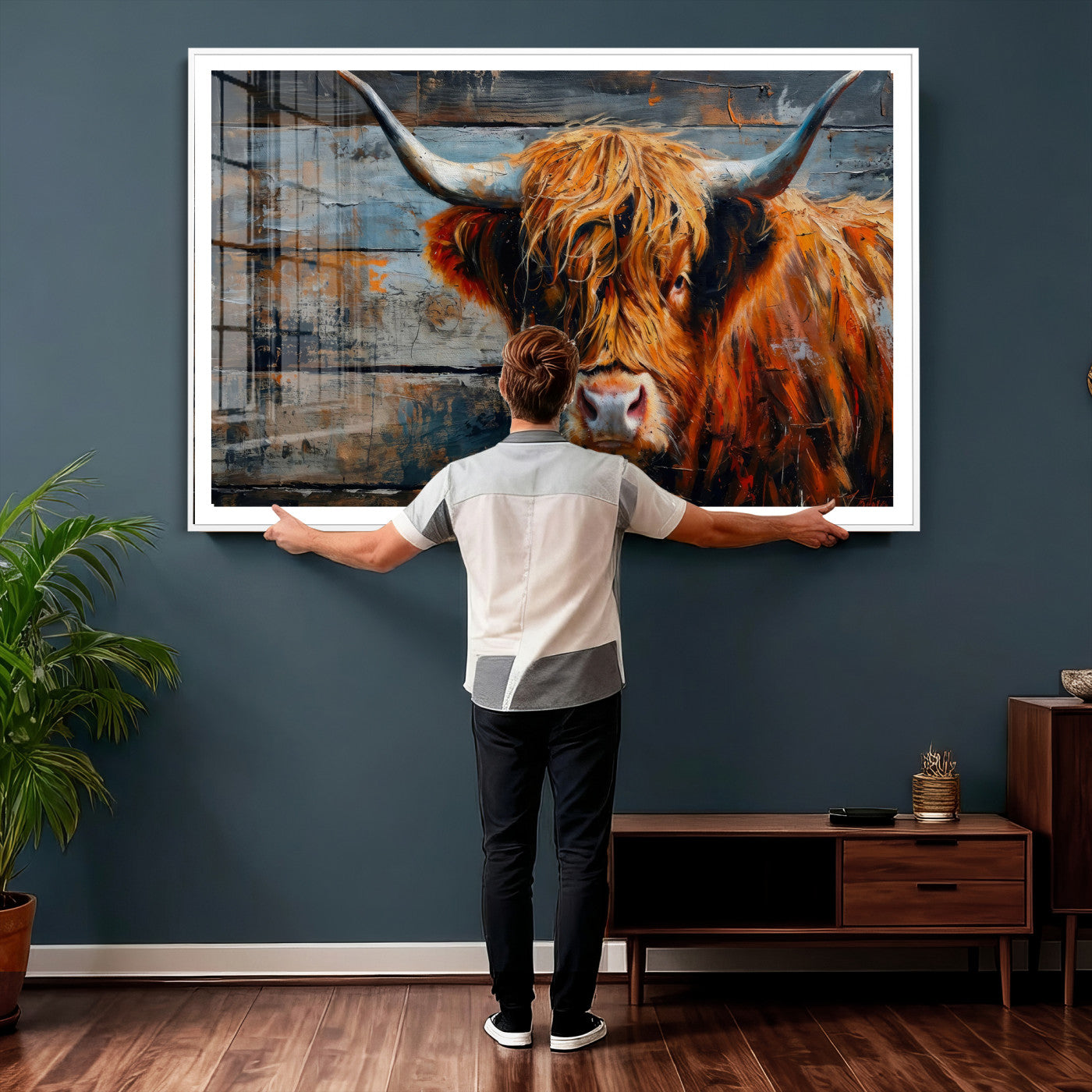 90271423-MGV-CV-36X24 - Highland Cow Wall Art Canvas Print, Abstract Rustic Farm Animal Wall Art Print, Framed Wall Art Ready to Hang