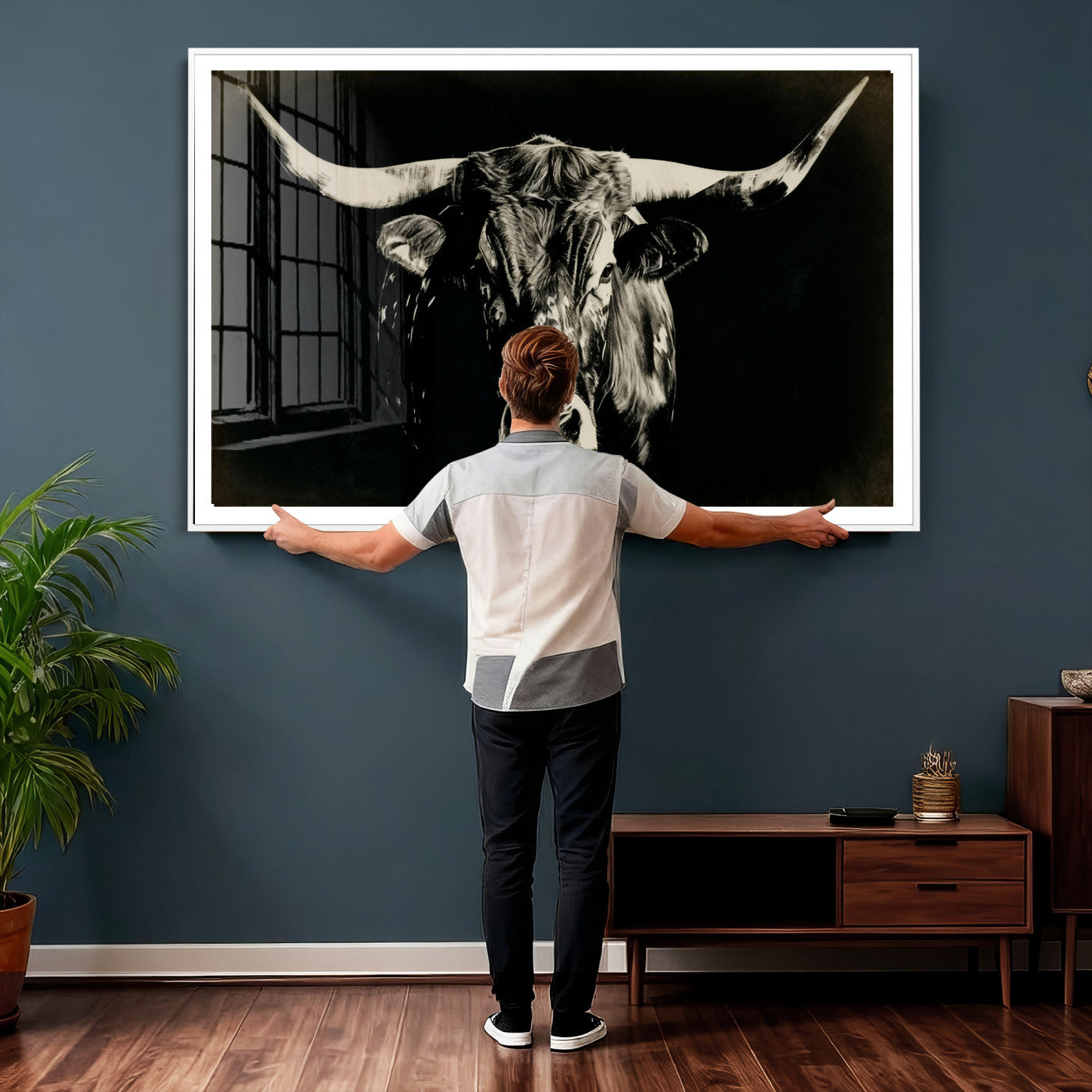 91364114-MGV-CV-36X24 - Black Bull Wall Art Canvas Print, Texas Longhorn Portrait Print, Framed Wall Art Ready to Hang