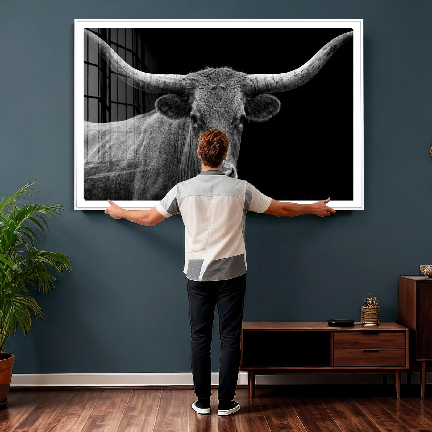 32601430-MGV-CV-36X24 - Texas Longhorn Bull Wall Art Canvas Print, Cow Portrait Photography, Framed Wall Art Ready to Hang