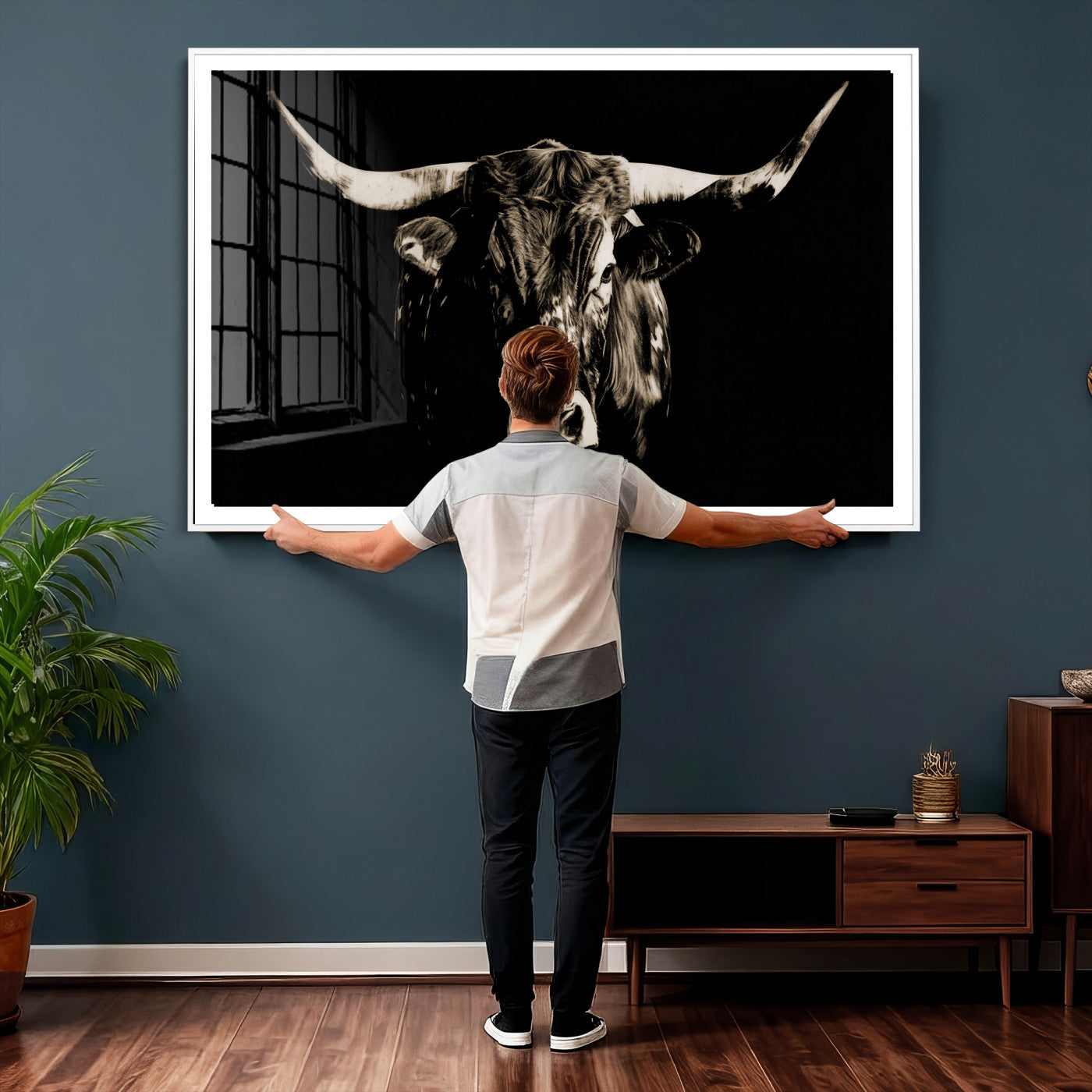 75774468-MGV-CV-36X24 - Black Bull Wall Art Canvas Print, Dark Longhorn Portrait Photography, Framed Wall Art Ready to Hang