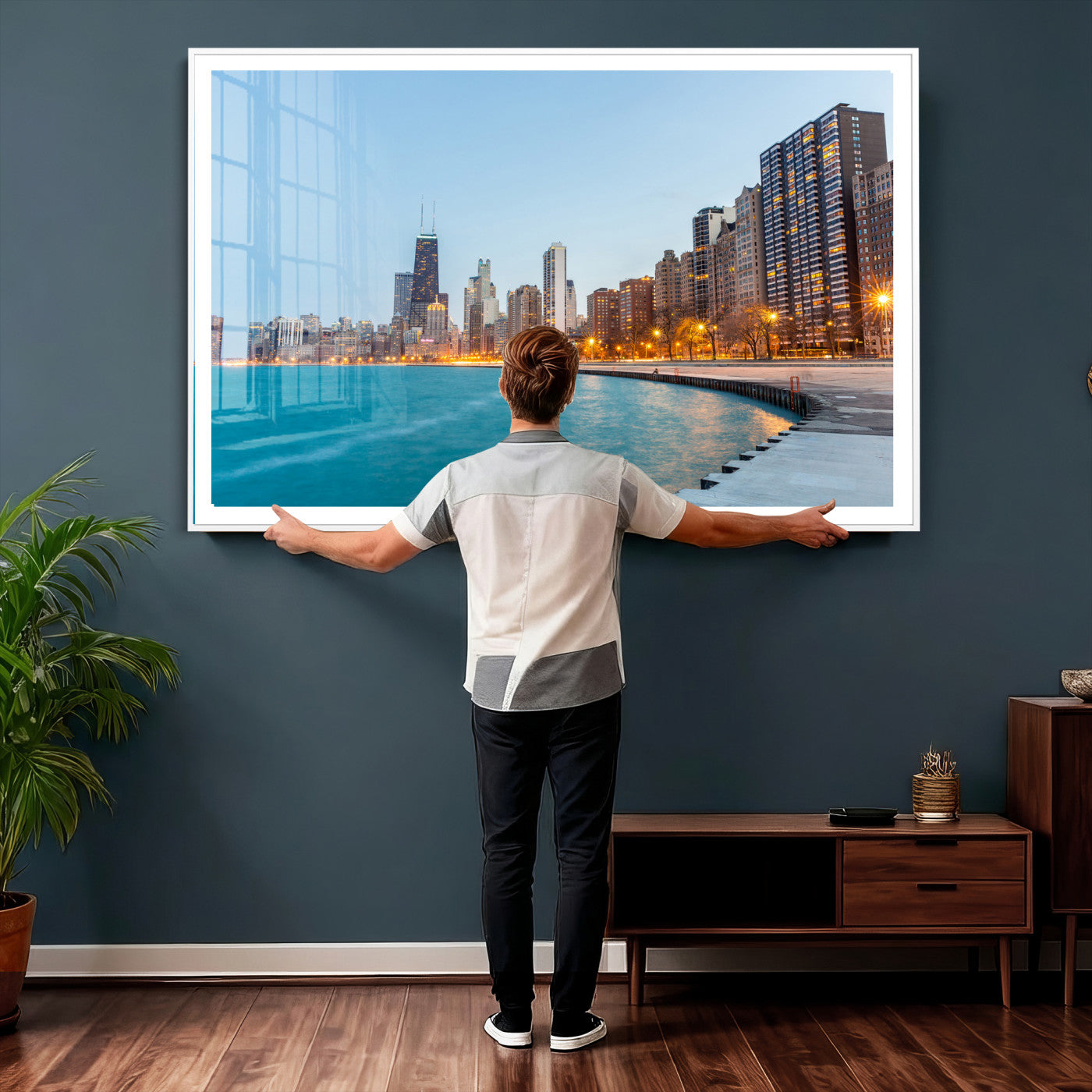 66780141-MGV-CV-36X24 - Chicago Wall Art Canvas Print, Chicago City Downtown Night Cityscape Print for Modern Urban Wall Decor