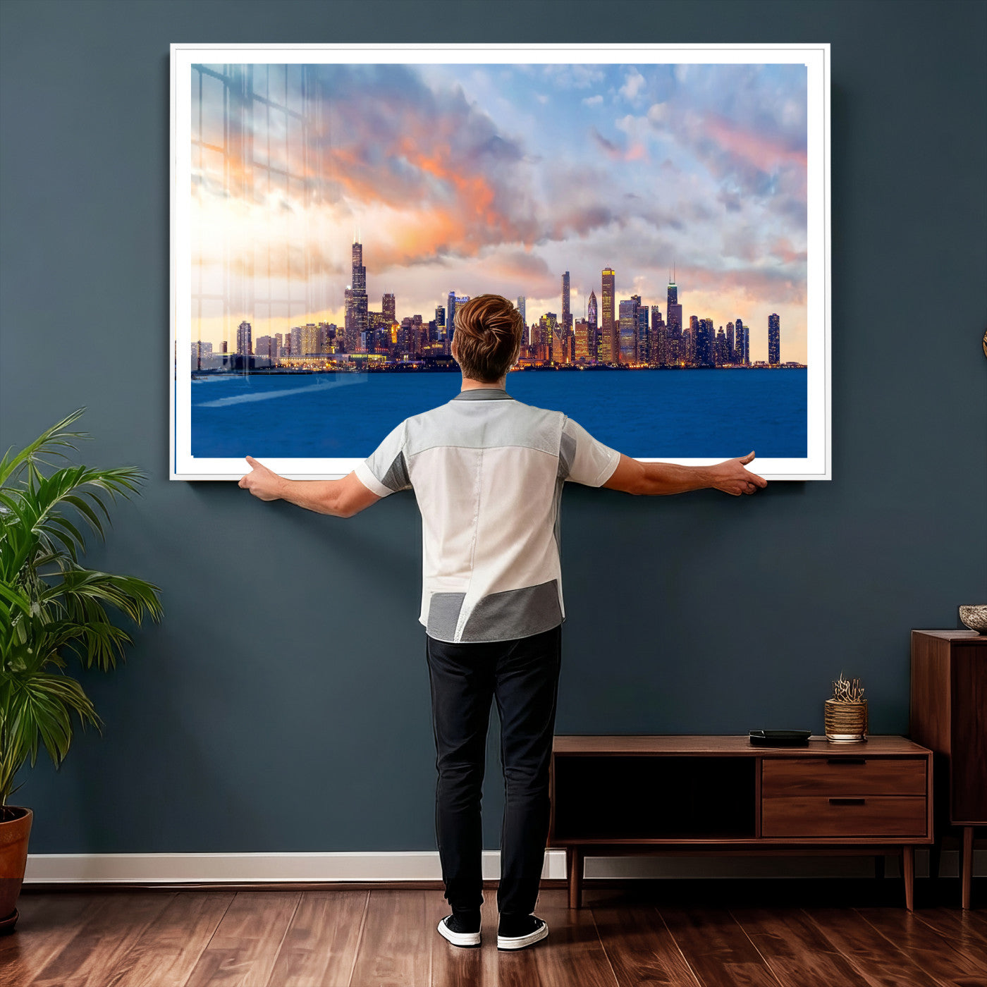 34667960-MGV-CV-36X24 - Chicago Wall Art Canvas Print, Chicago City Downtown Night Cityscape Print for Modern Urban Wall Decor