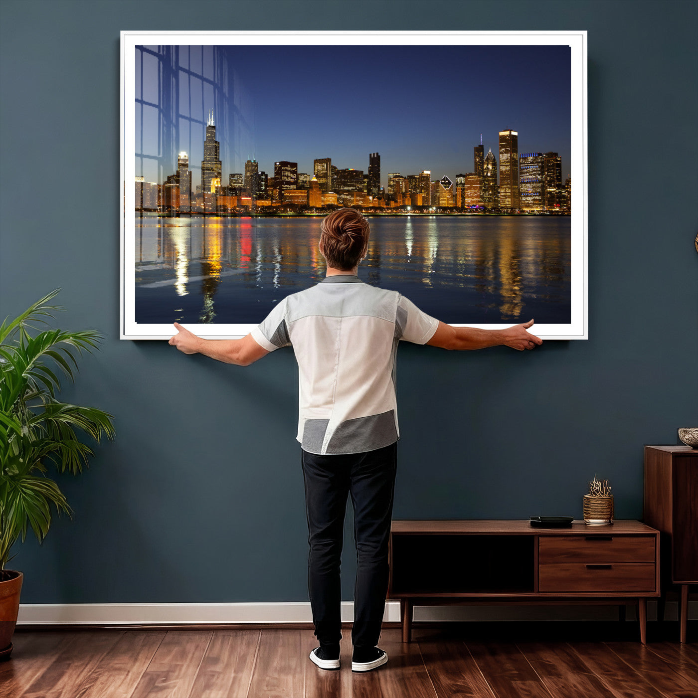 67308035-MGV-CV-36X24 - Chicago Wall Art Canvas Print, Chicago City Downtown Night Cityscape Print for Modern Urban Wall Decor