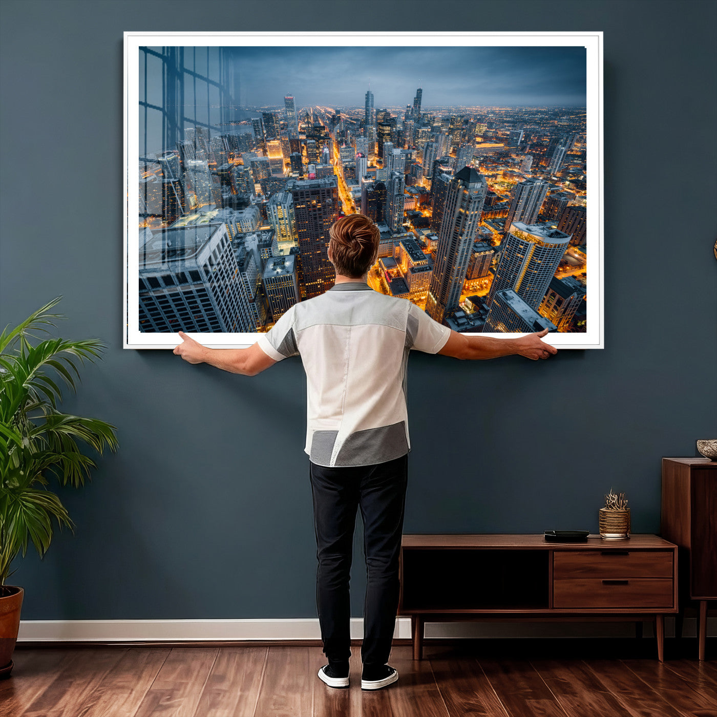81742538-MGV-CV-36X24 - Chicago Wall Art Canvas Print, Chicago City Downtown Night Cityscape Print for Modern Urban Wall Decor