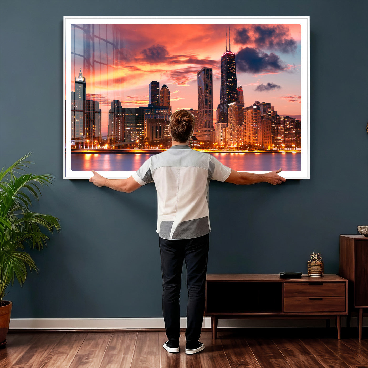 80390109-MGV-CV-36X24 - Chicago Wall Art Canvas Print, Chicago City Downtown Night Cityscape Print for Modern Urban Wall Decor