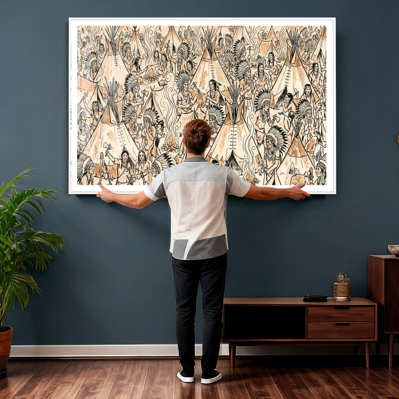72739176-MGV-CV-36X24 - Farmhouse Animals Wall Art Canvas Print - Abstract Farm Animal Drawing Mid-Century Wall Art for Cabin Decor