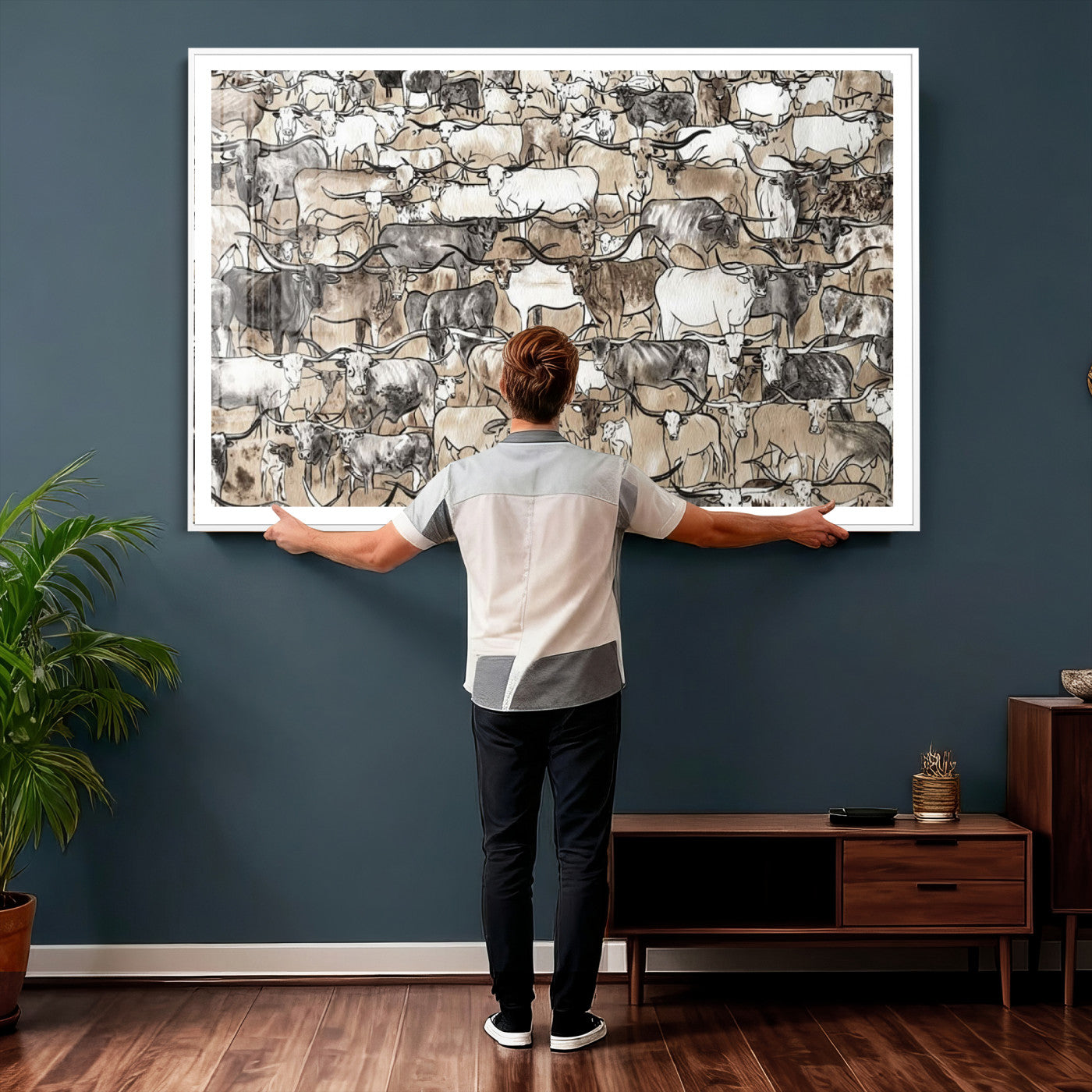 64368752-MGV-CV-36X24 - Farmhouse Animals Wall Art Canvas Print - Abstract Farm Animal Drawing Mid-Century Wall Art for Cabin Decor