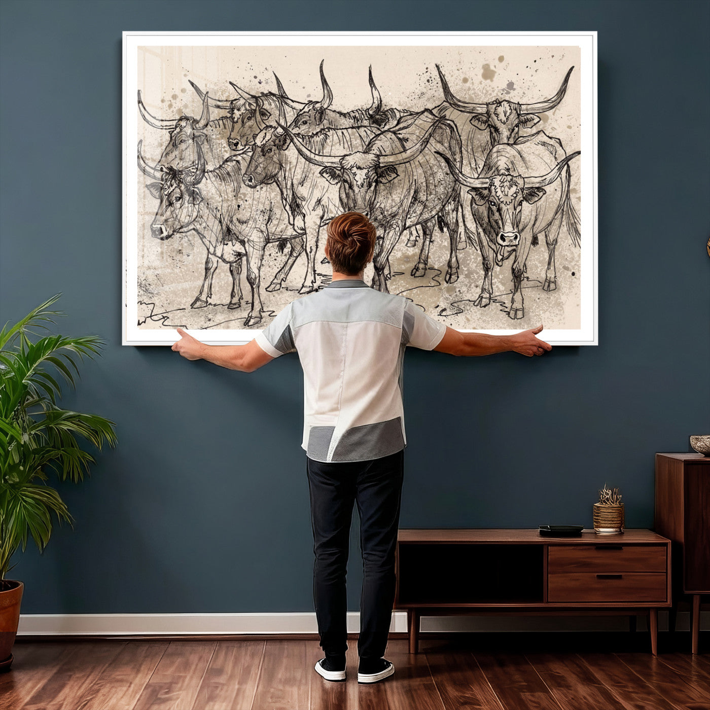 74232558-MGV-CV-36X24 - Farmhouse Animals Wall Art Canvas Print - Abstract Farm Animal Drawing Mid-Century Wall Art for Cabin Decor
