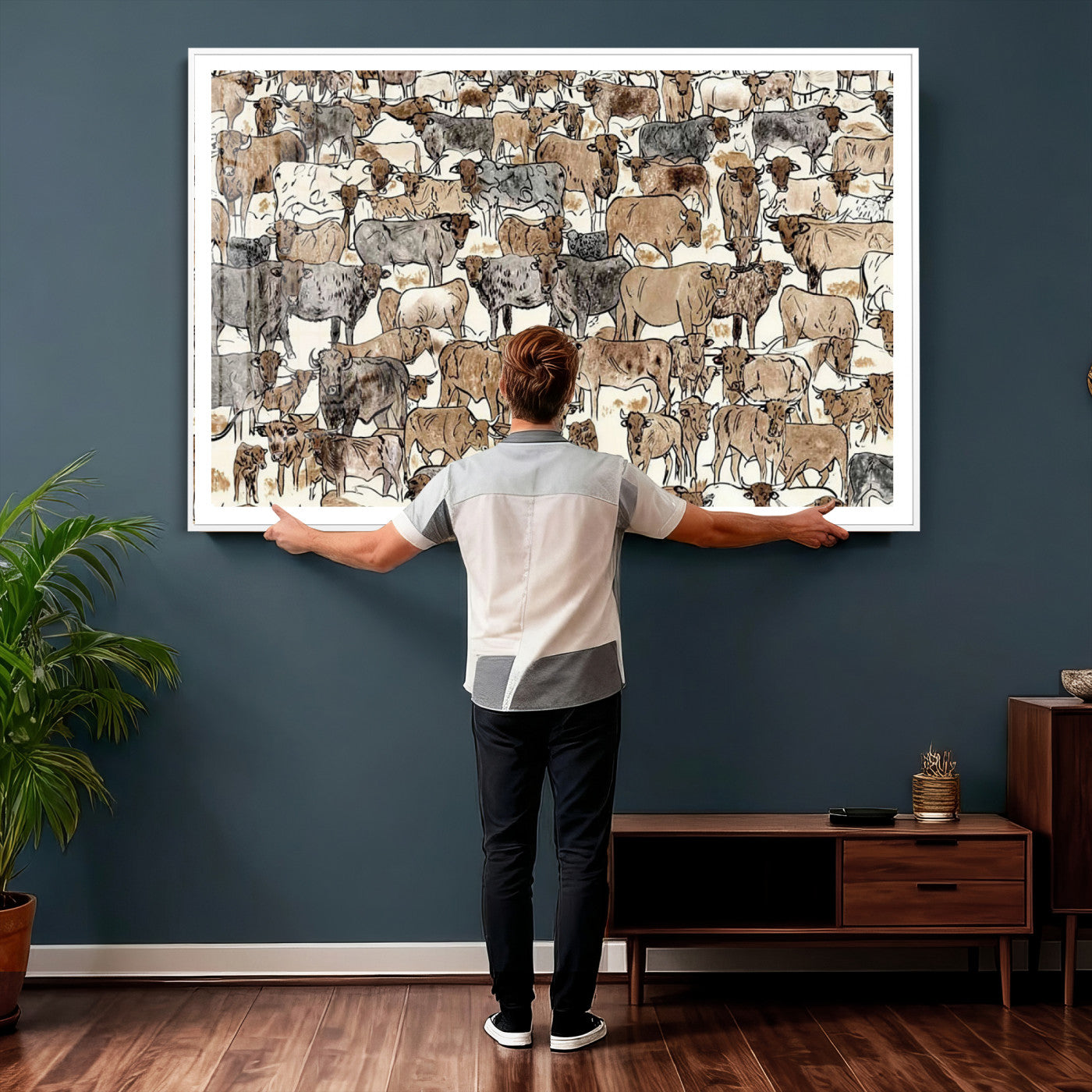 76902119-MGV-CV-36X24 - Farmhouse Animals Wall Art Canvas Print - Abstract Farm Animal Drawing Mid-Century Wall Art for Cabin Decor
