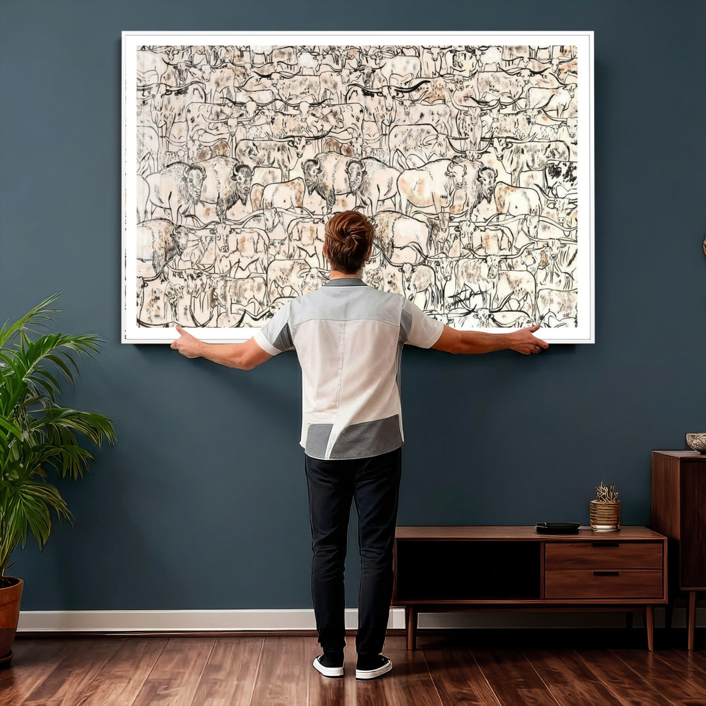 36925875-MGV-CV-36X24 - Farmhouse Animals Wall Art Canvas Print - Abstract Farm Animal Drawing Mid-Century Wall Art for Cabin Decor