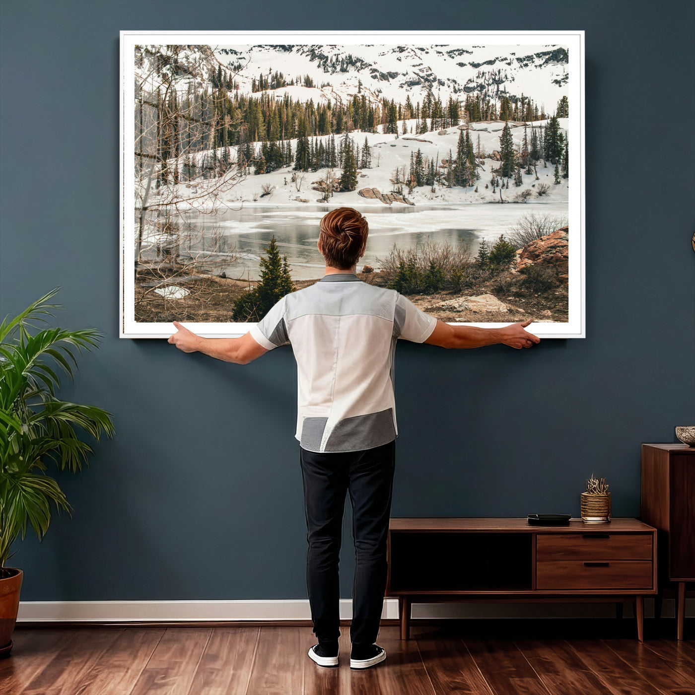 10336249-MGV-CV-36X24 - Snowy Mountain Landscape Wall Art Canvas Print, Alpine Pine Forest Winter Nature Wall Decor for Living Room and Office