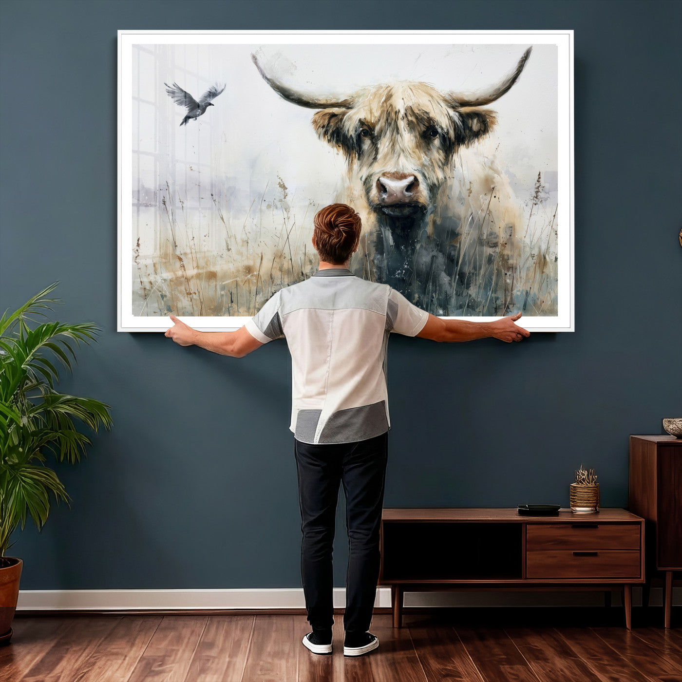 55652651-MGV-CV-36X24 - Abstract Highland Cow Watercolor Animal Wall Art Canvas Print, Rustic Farm Cattle Portrait Canvas Print, Neutral Wildlife Farmhouse Art Printing