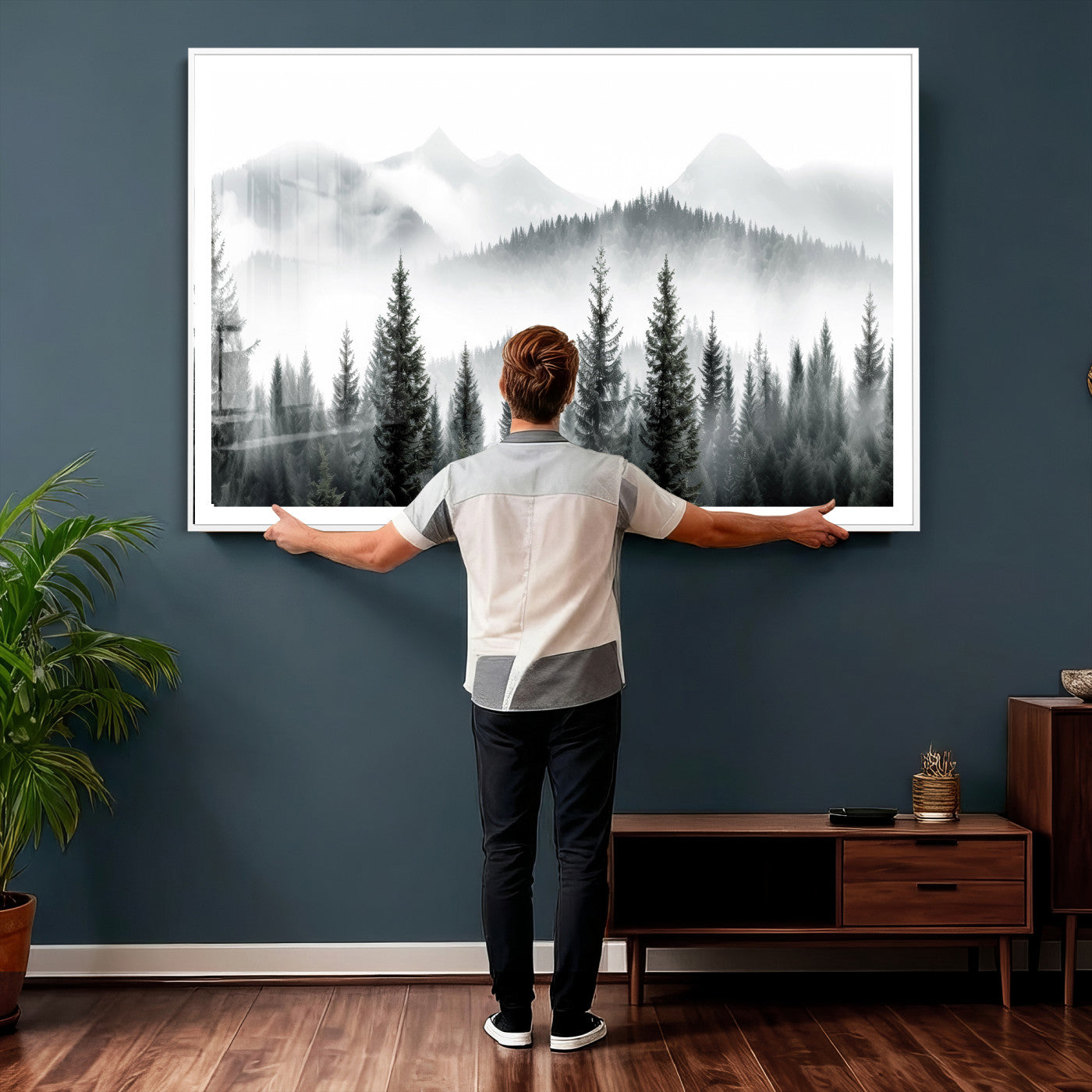 38819032-MGV-CV-36X24 - Misty Pine Forest Mountain Landscape Wall Art Canvas Print, Foggy Evergreen Trees Minimal Nature Canvas Print, Monochrome Wilderness Scenic Art Printing