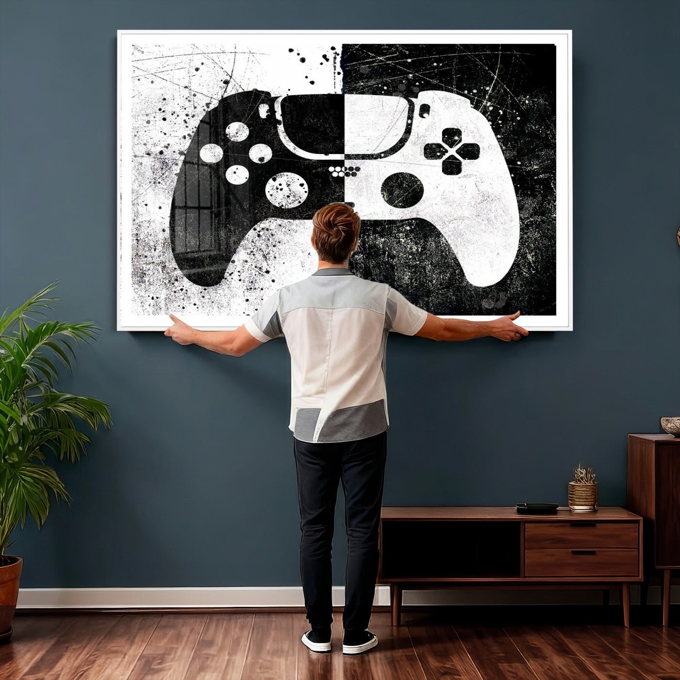 17525128-MGV-CV-36X24 - Abstract Gaming Controller Wall Art Canvas Print, Black White Video Game Controller Modern Canvas Print, Minimal Gamer Graphic Art Printing