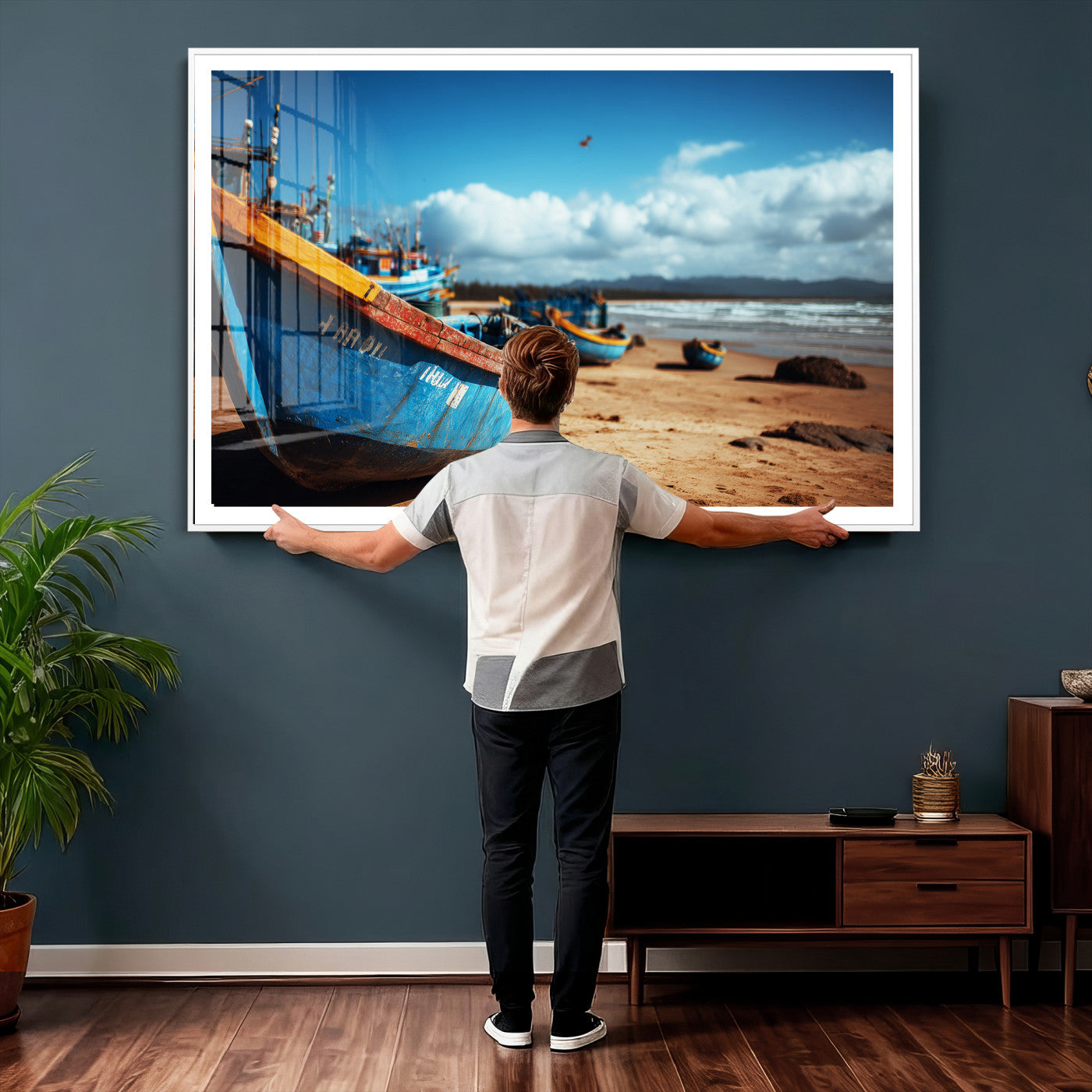 70925201-MGV-CV-36X24 - Fishing Boats Wall Art Canvas Print, Coastal Boat Beach Scene, Nautical Seaside Artwork, Ocean Shore Decor, Coastal Home Wall Art