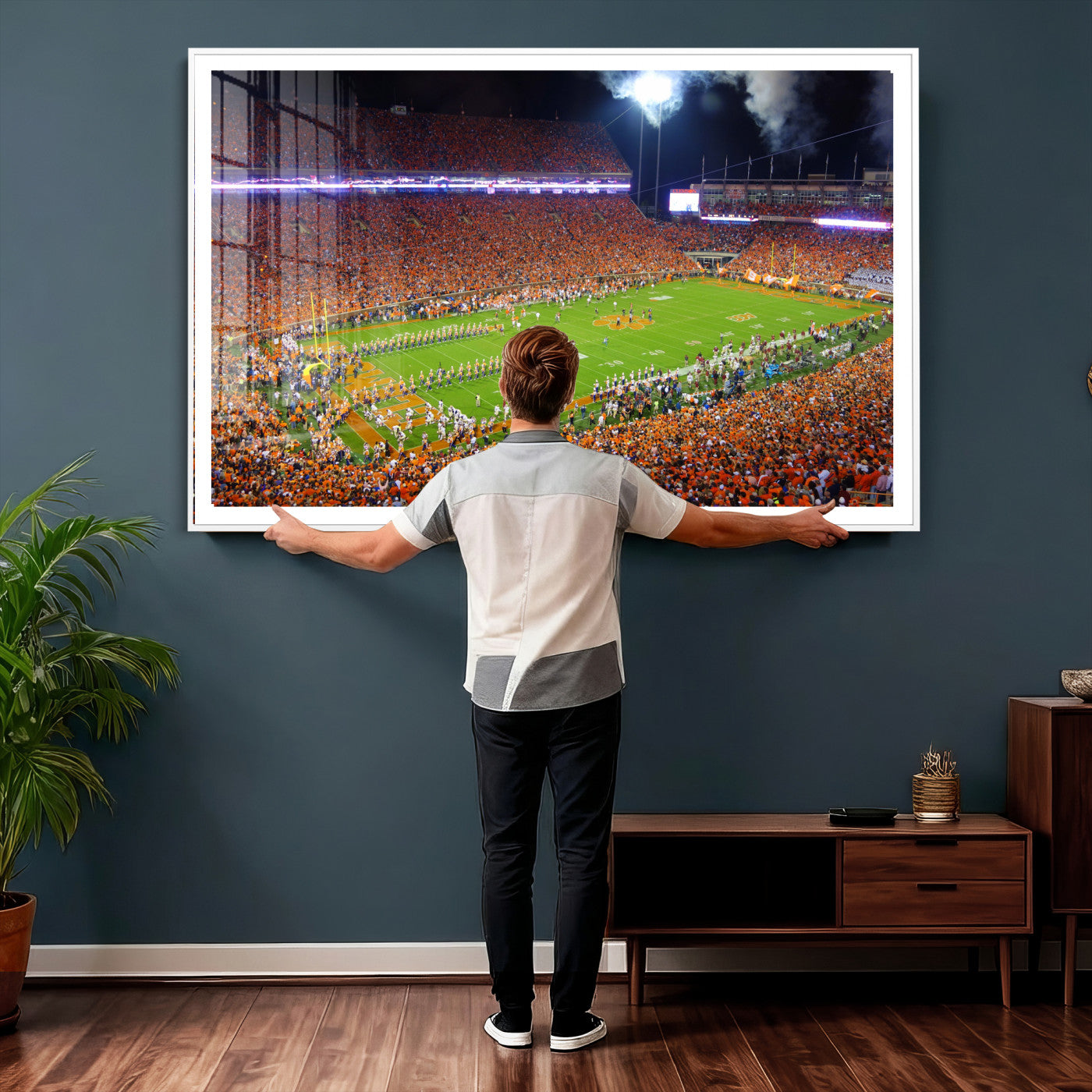 43662631-MGV-CV-36X24 - Clemson Football Stadium Wall Art Canvas Print, College Football Crowd Night Game Scene, Orange Stadium Panorama Wall Decor