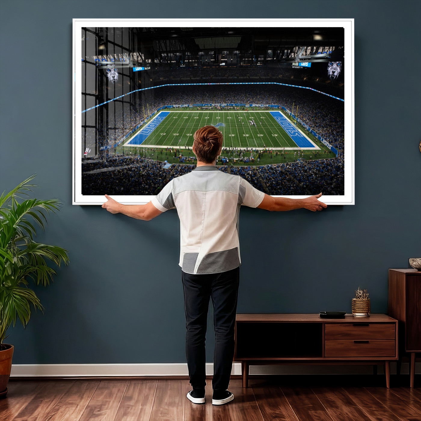 16709602-MGV-CV-36X24 - Detroit Lions Stadium Wall Art Canvas Print, Football Field Panorama Artwork, NFL Game Night Stadium Decor