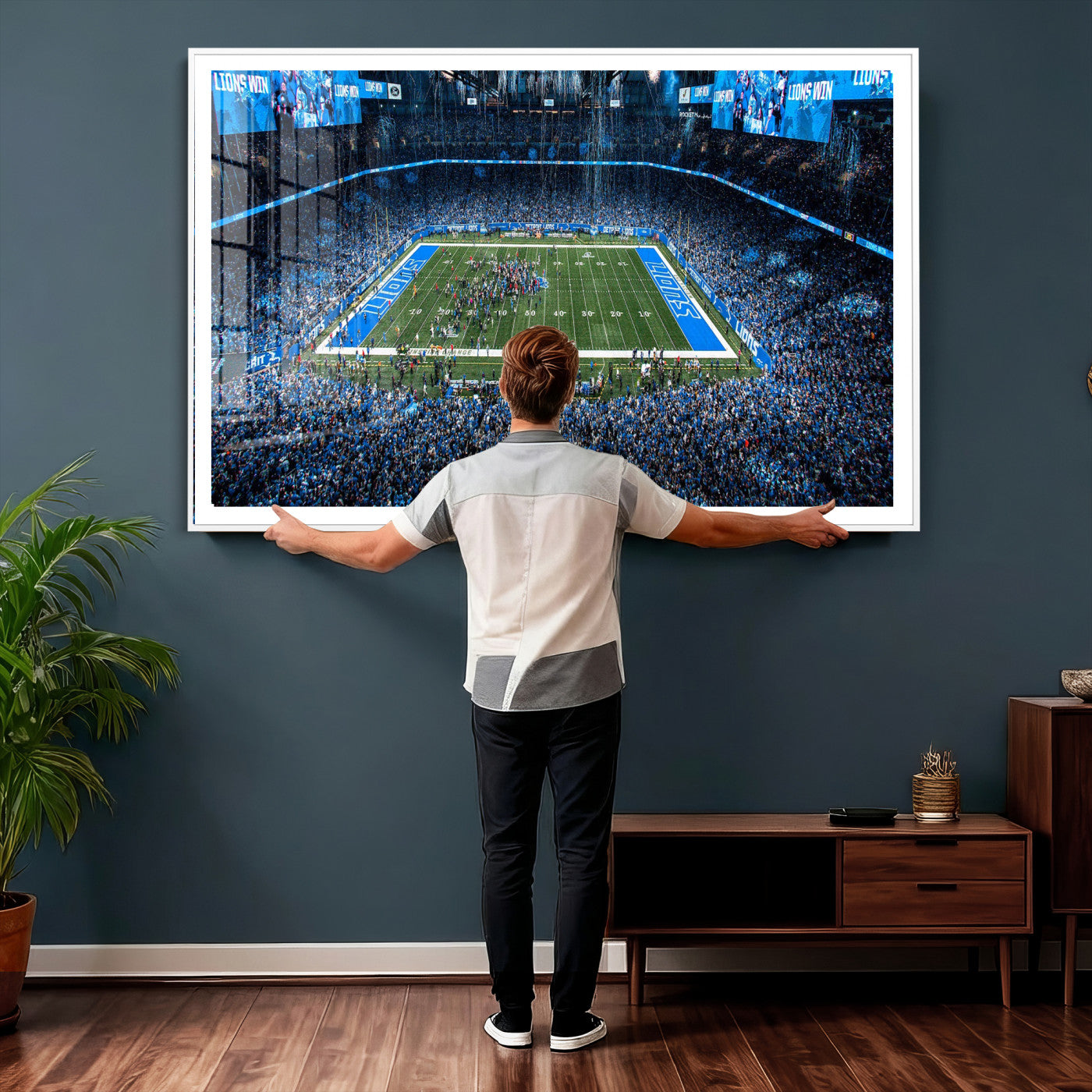 80882005-MGV-CV-36X24 - Detroit Lions Stadium Wall Art Canvas Print, Football Field Panorama Artwork, NFL Game Night Stadium Decor