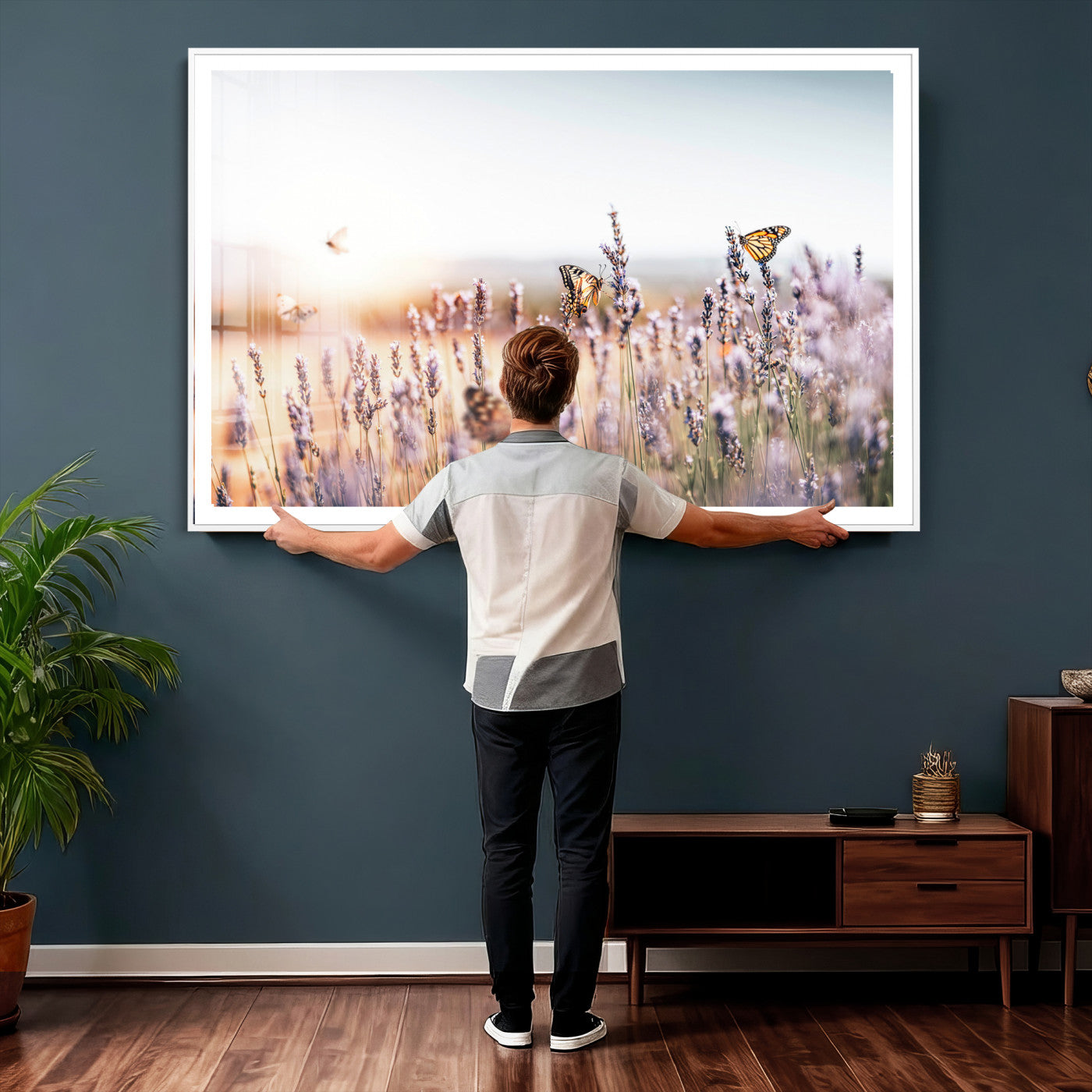 46417478-MGV-CV-36X24 - Lavender Field Wall Art Canvas Print, Butterfly Floral Landscape Art, Soft Nature Wall Decor for Bedroom