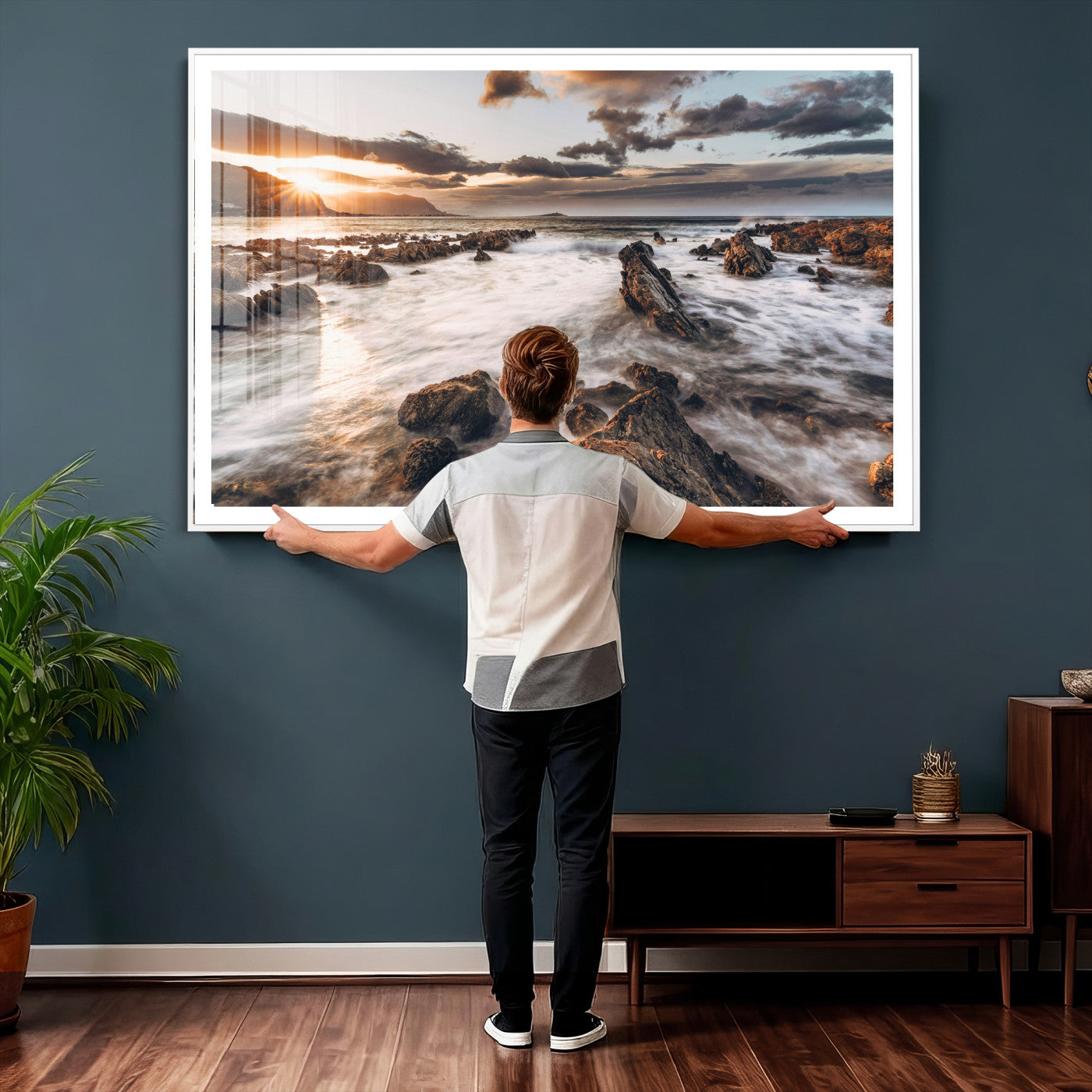 66746024-MGV-CV-36X24 - Rocky Coast Ocean Sunset Wall Art Canvas Print, Dramatic Seascape Nature Wall Decor for Living Room and Office