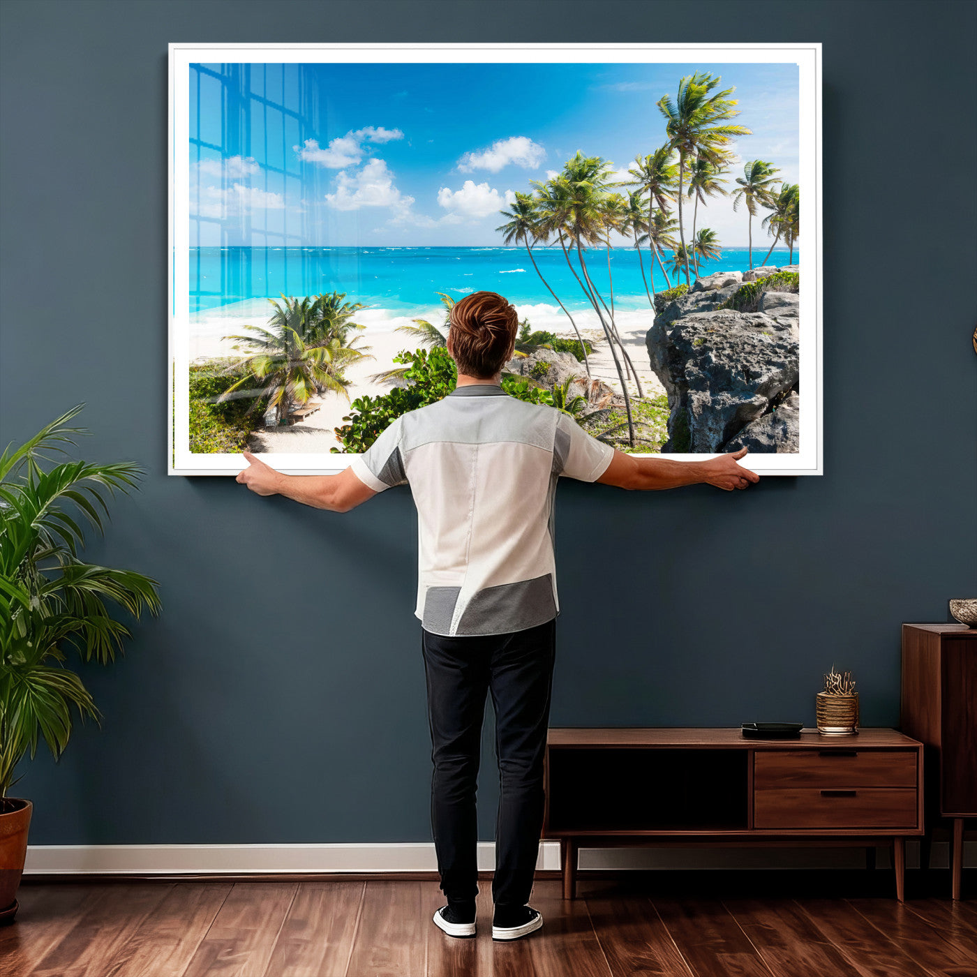 98605610-MGV-CV-36X24 - Tropical Beach Wall Art Canvas Print, Palm Tree Ocean Landscape Photography, Caribbean Coastal Artwork