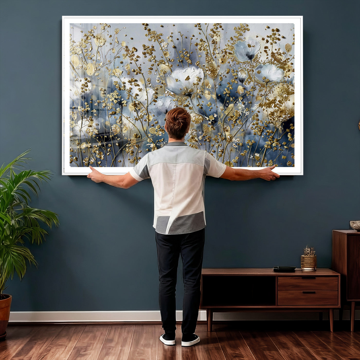 24499670-MGV-CV-36X24 - Abstract Floral Wall Art Canvas Print – Gold and Blue Botanical Artwork for Living Room, Bedroom, and Office Decor